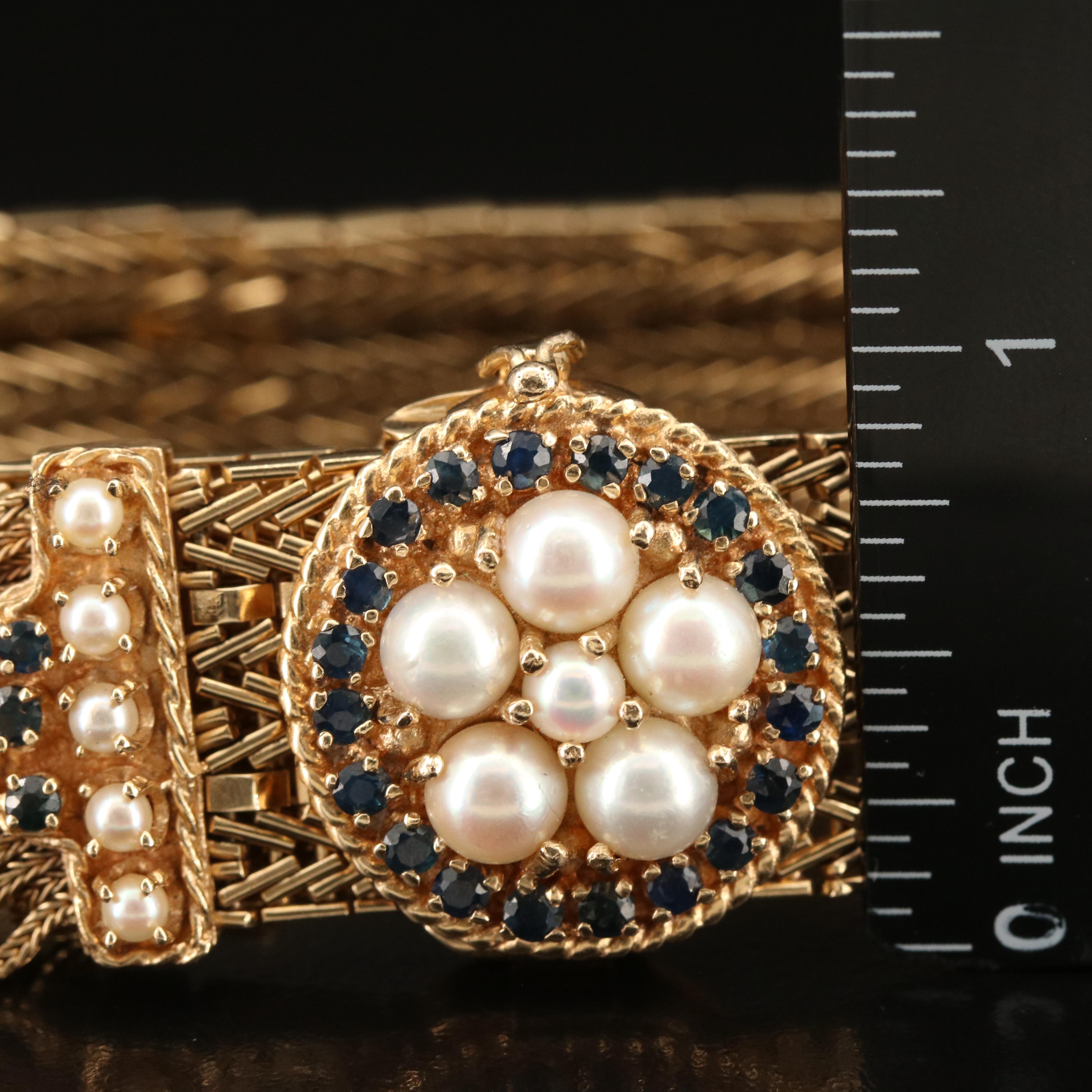 Vintage 14K Pearl and Sapphire Riccio Chain Jarretière Bracelet