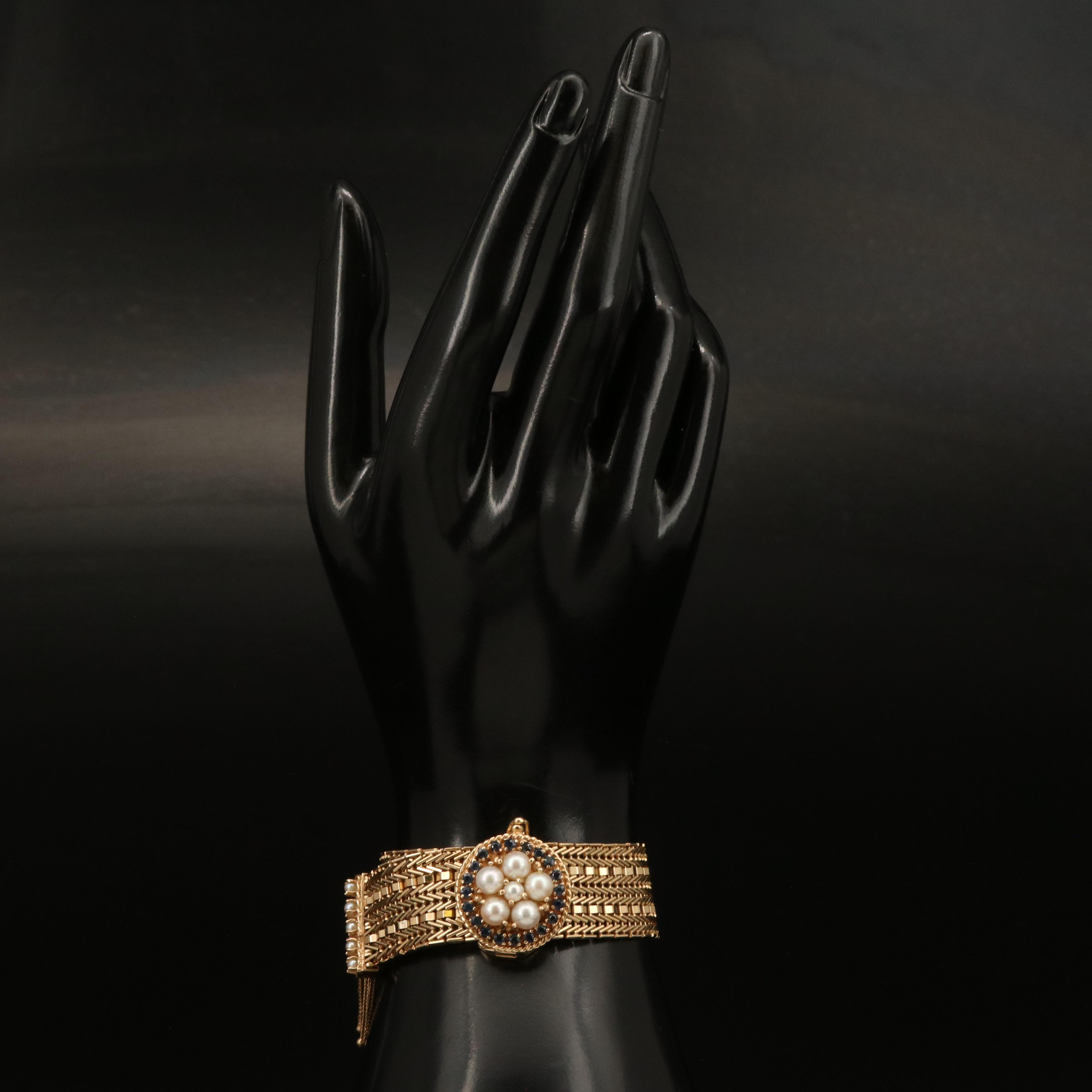 Vintage 14K Pearl and Sapphire Riccio Chain Jarretière Bracelet