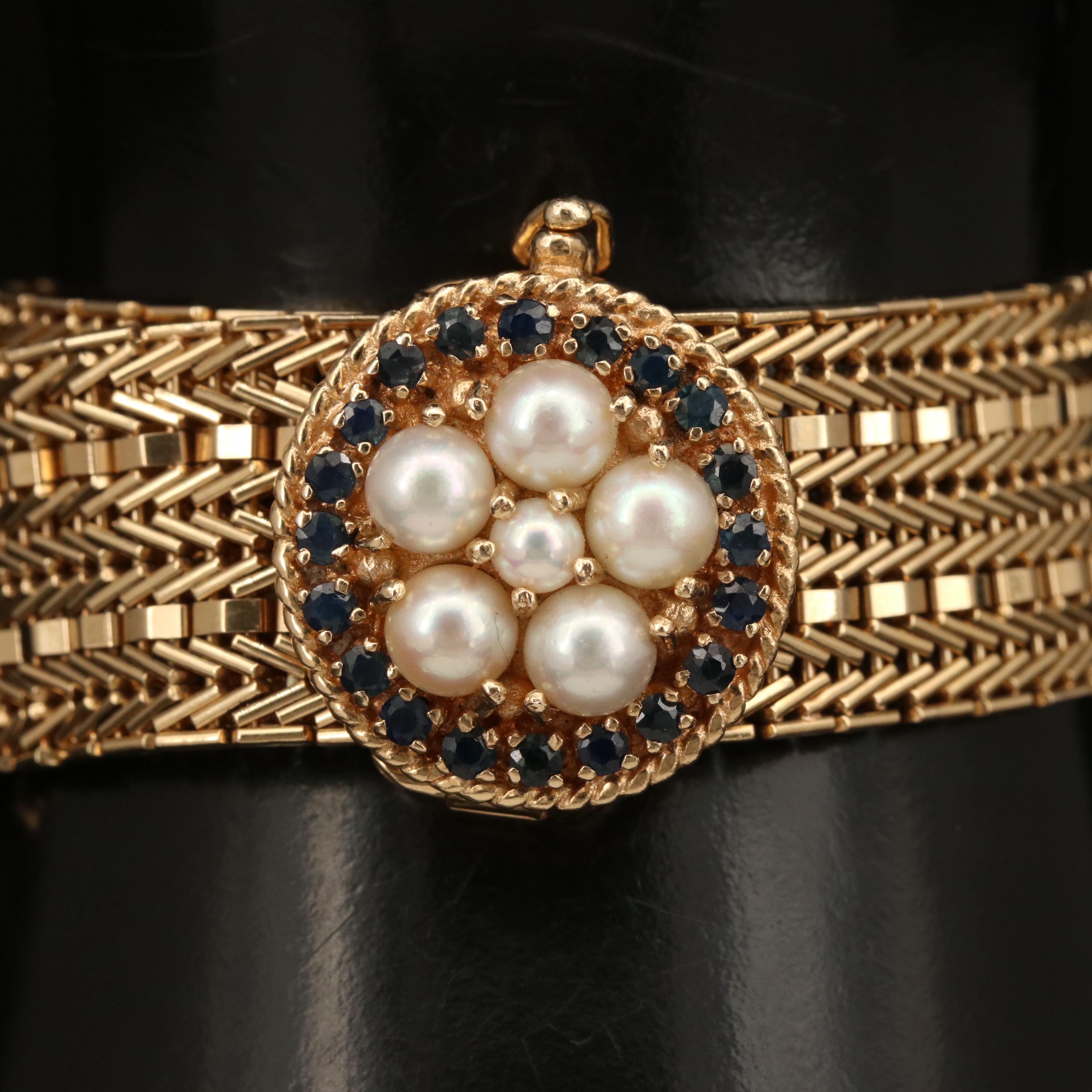 Vintage 14K Pearl and Sapphire Riccio Chain Jarretière Bracelet