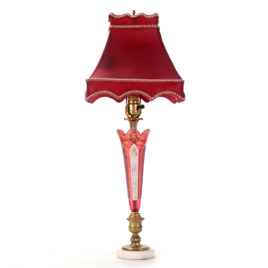 Bohemian Gilt Accented Cut Cranberry Glass Vase Mounted Table Lamp