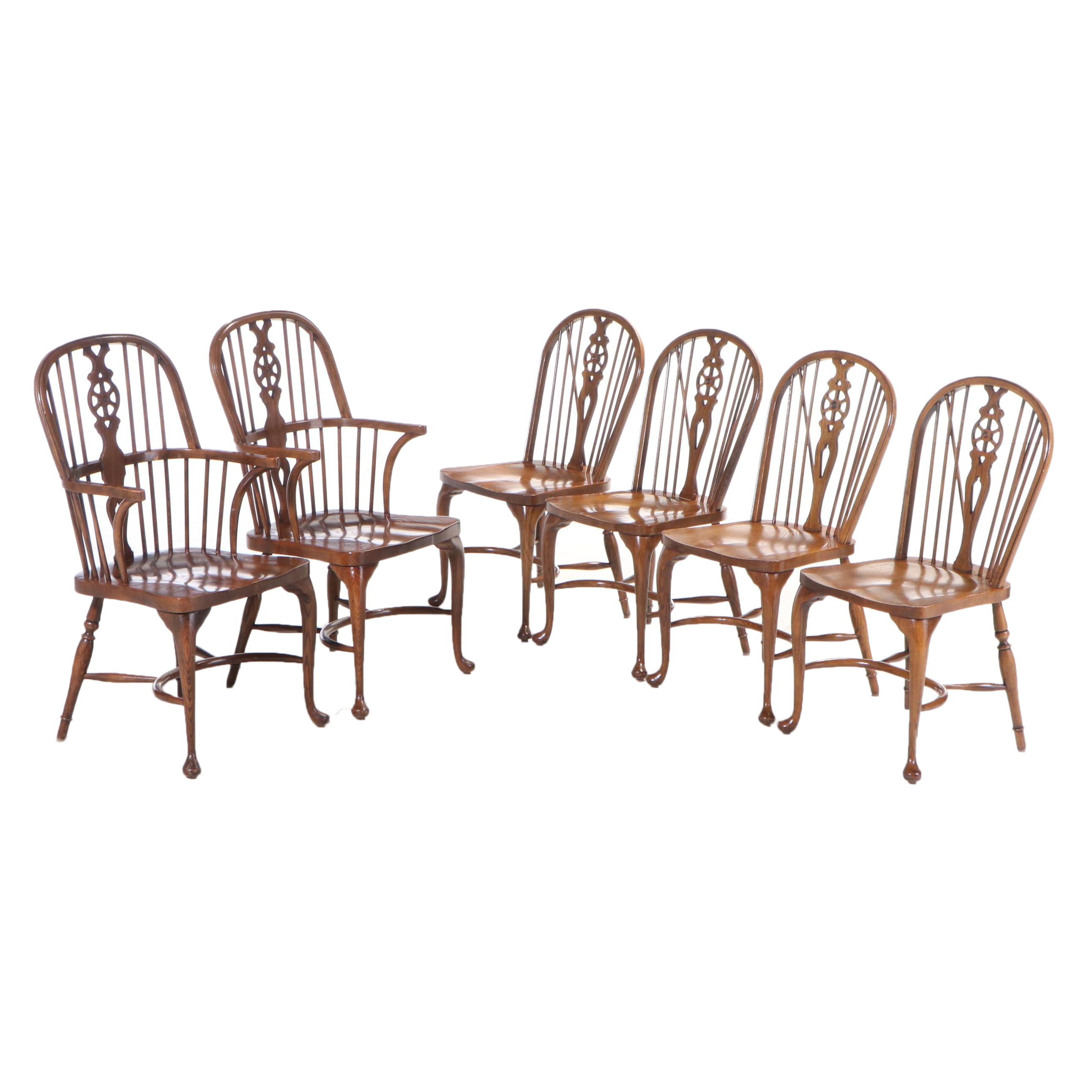 Six Baker Furniture Oak Wheel-Back Windsor Dining Chairs, Late 20th Century