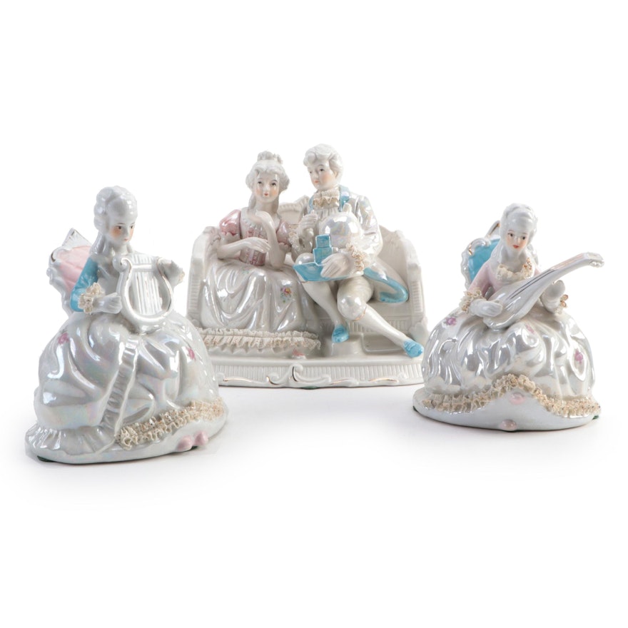 Rococo Style Courting Couple and Musician Porcelain Figurines, Mid-20th Century