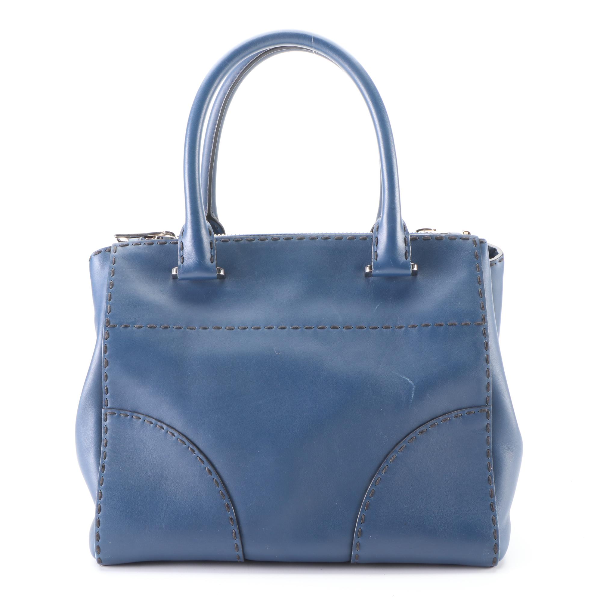 Prada Double-Zip Small Tote in Dark Blue City Calfskin with Shoulder Strap
