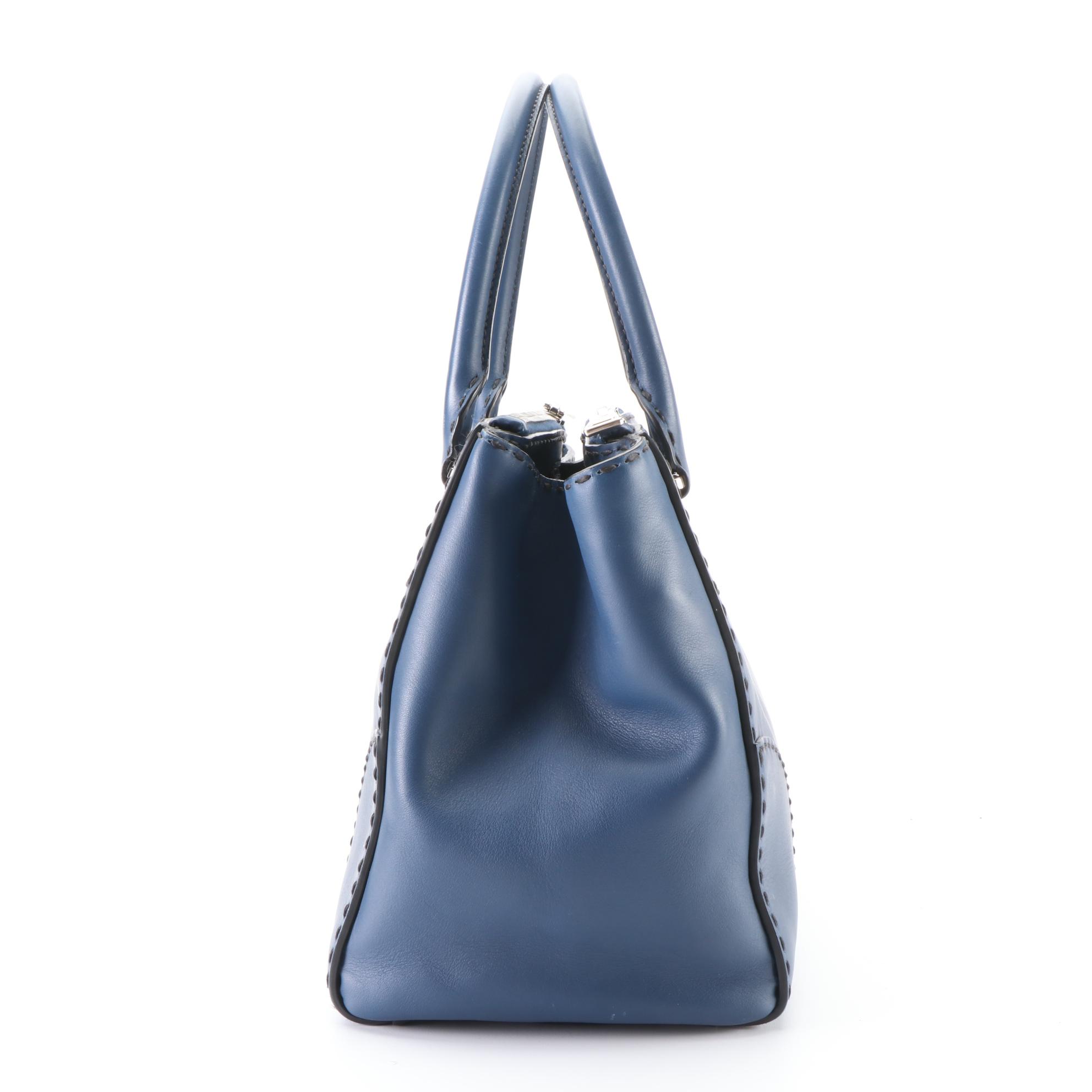 Prada Double-Zip Small Tote in Dark Blue City Calfskin with Shoulder Strap
