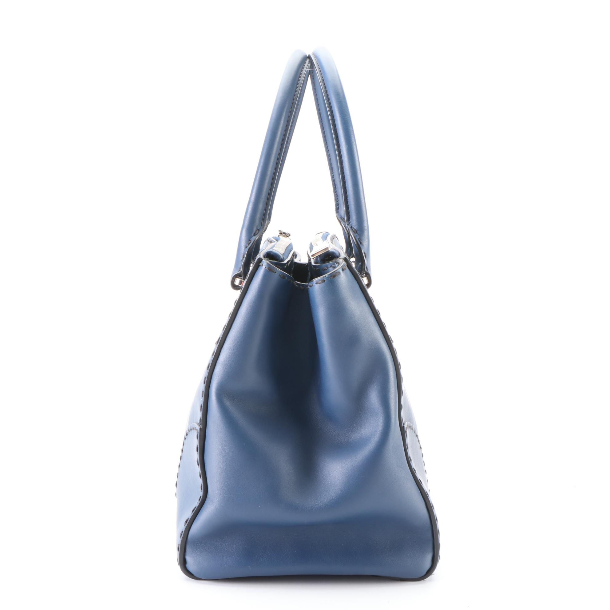 Prada Double-Zip Small Tote in Dark Blue City Calfskin with Shoulder Strap