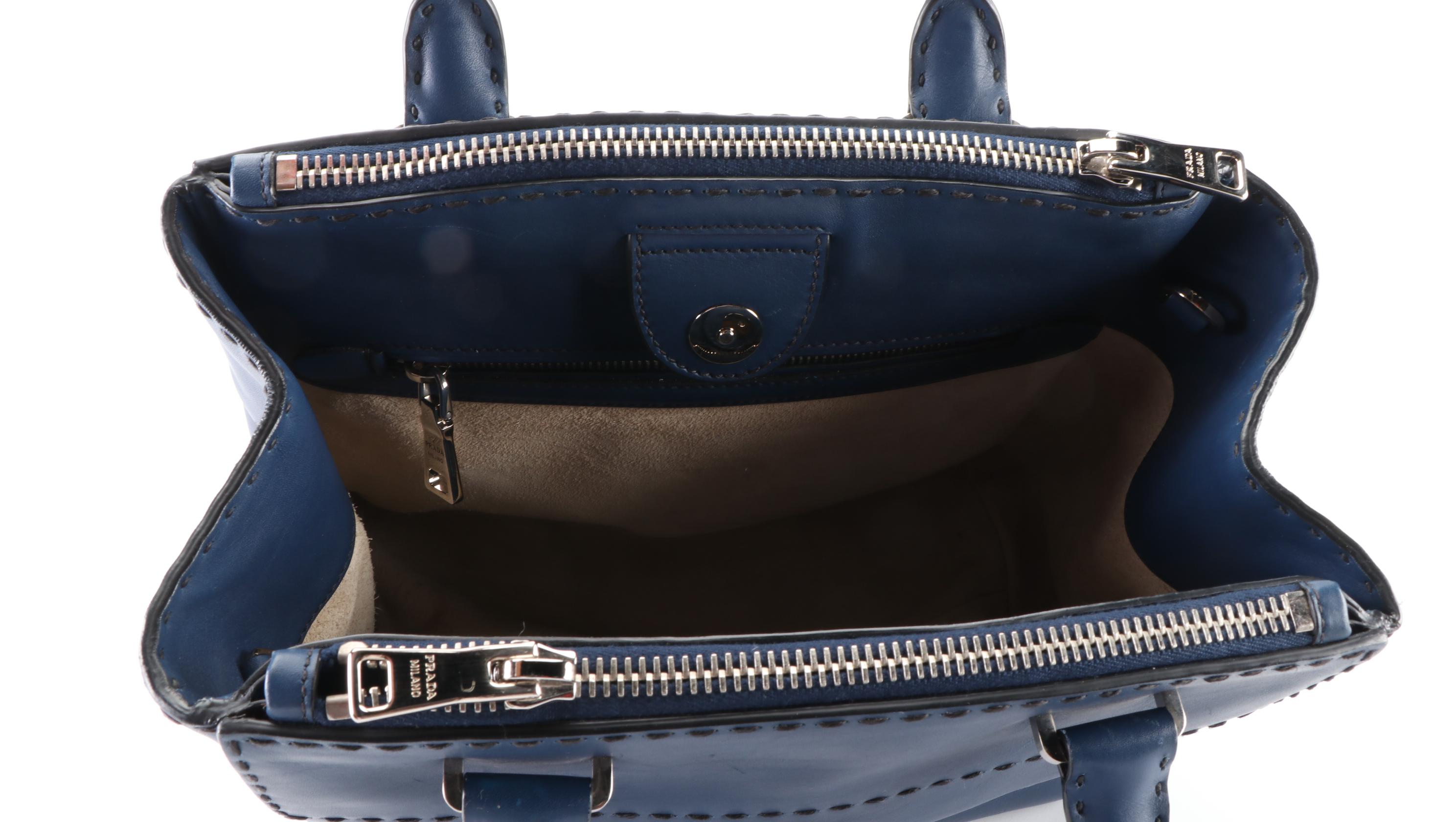 Prada Double-Zip Small Tote in Dark Blue City Calfskin with Shoulder Strap