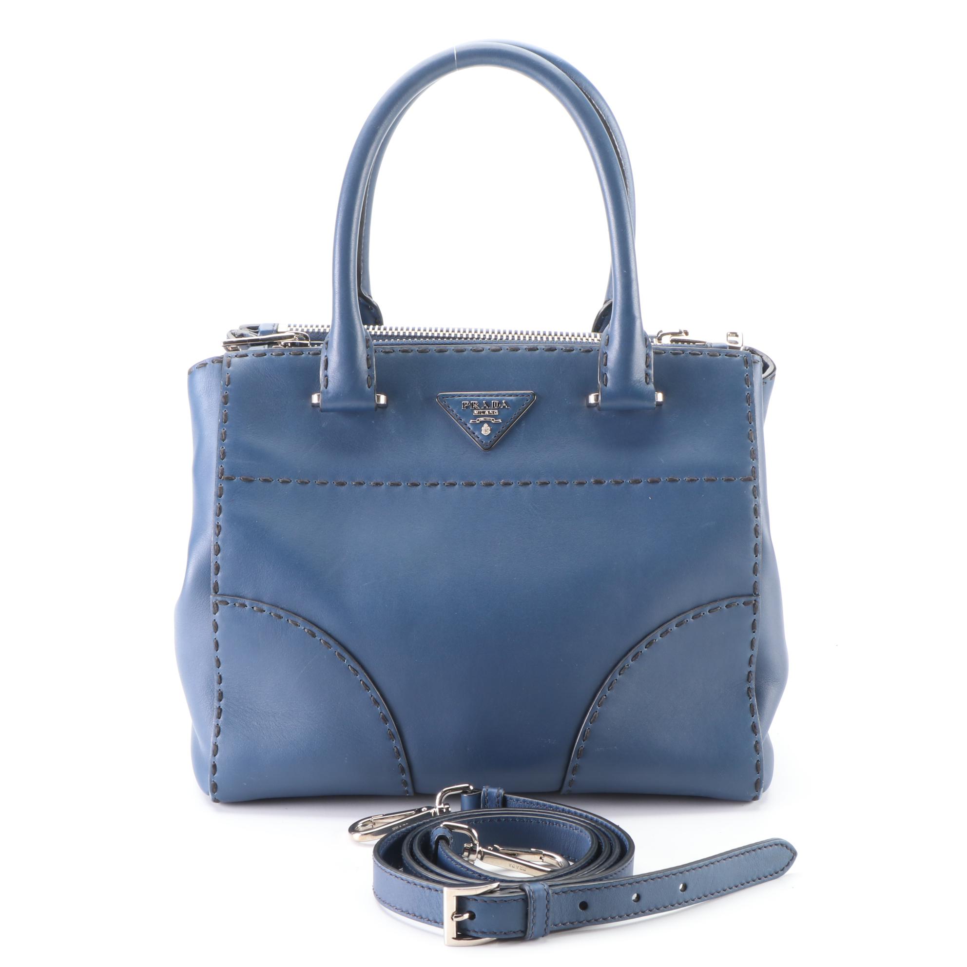 Prada Double-Zip Small Tote in Dark Blue City Calfskin with Shoulder Strap