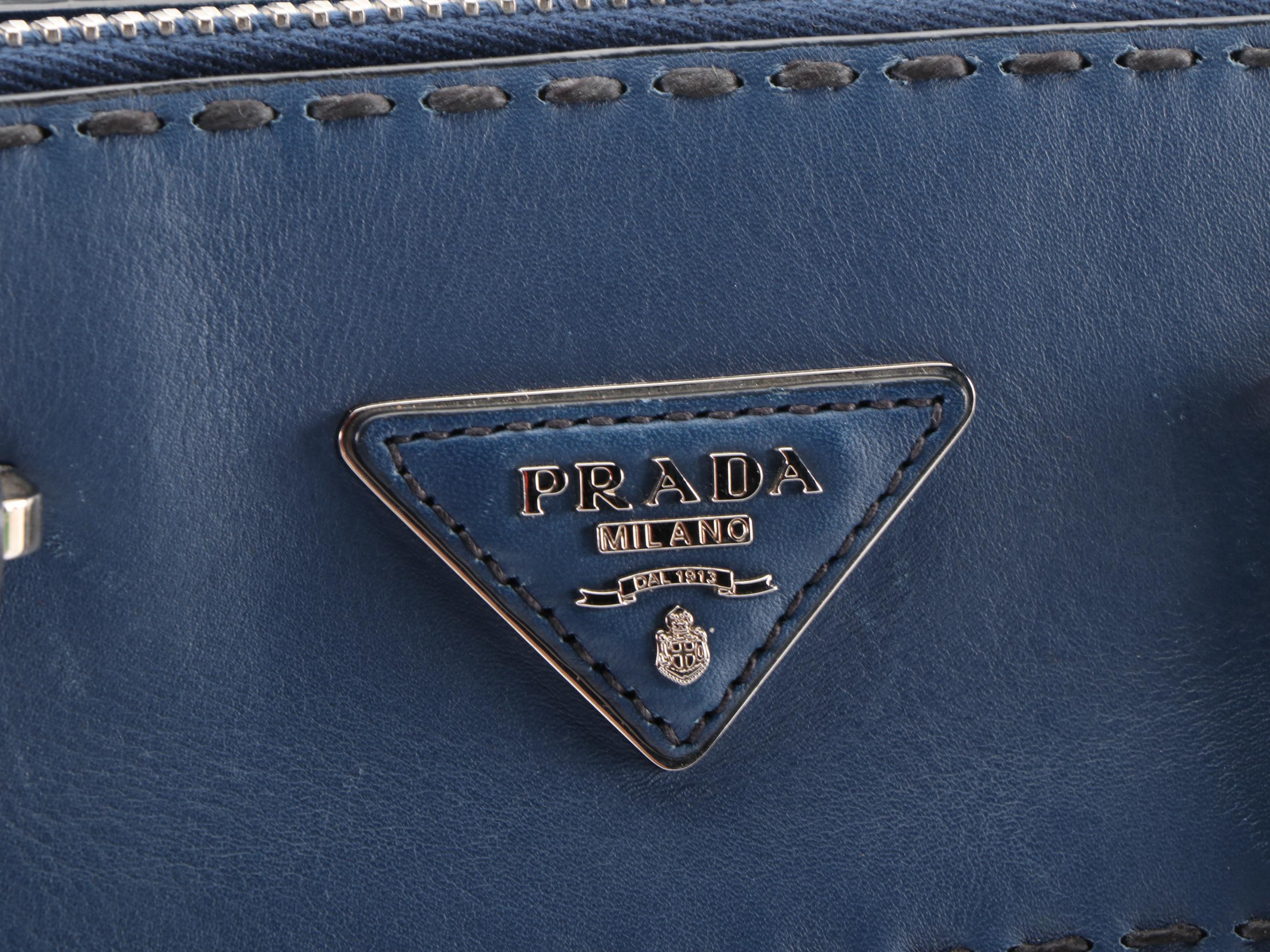 Prada Double-Zip Small Tote in Dark Blue City Calfskin with Shoulder Strap