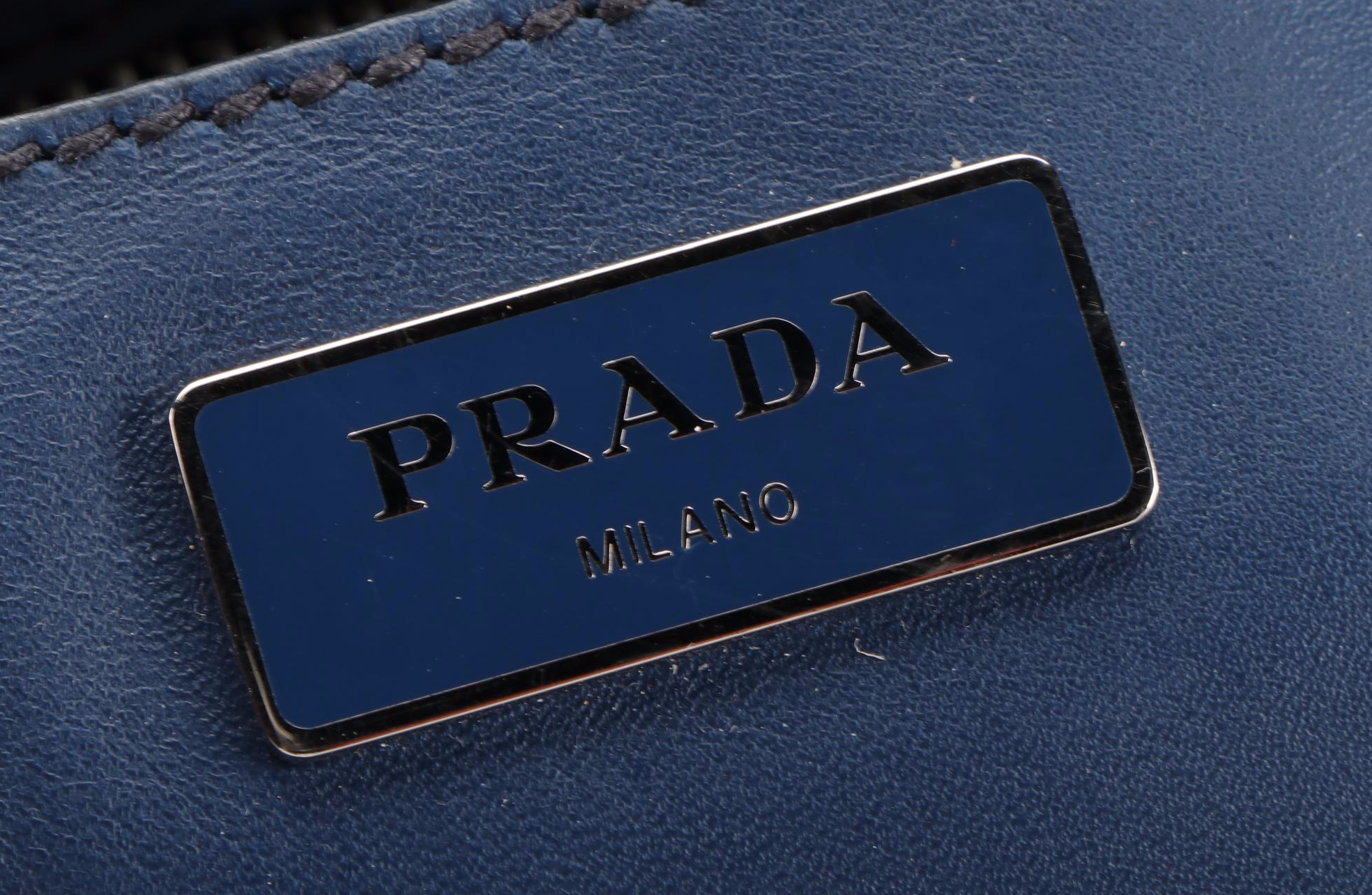 Prada Double-Zip Small Tote in Dark Blue City Calfskin with Shoulder Strap