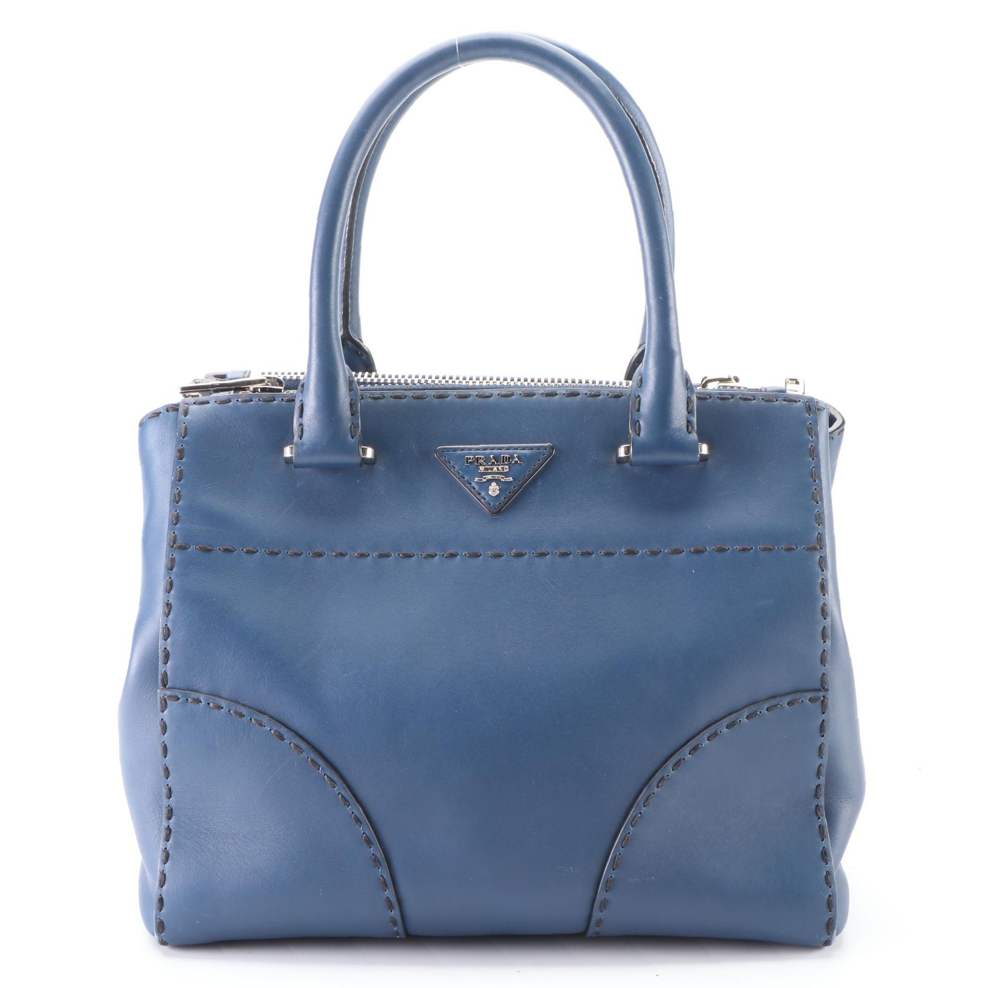 Prada Double-Zip Small Tote in Dark Blue City Calfskin with Shoulder Strap