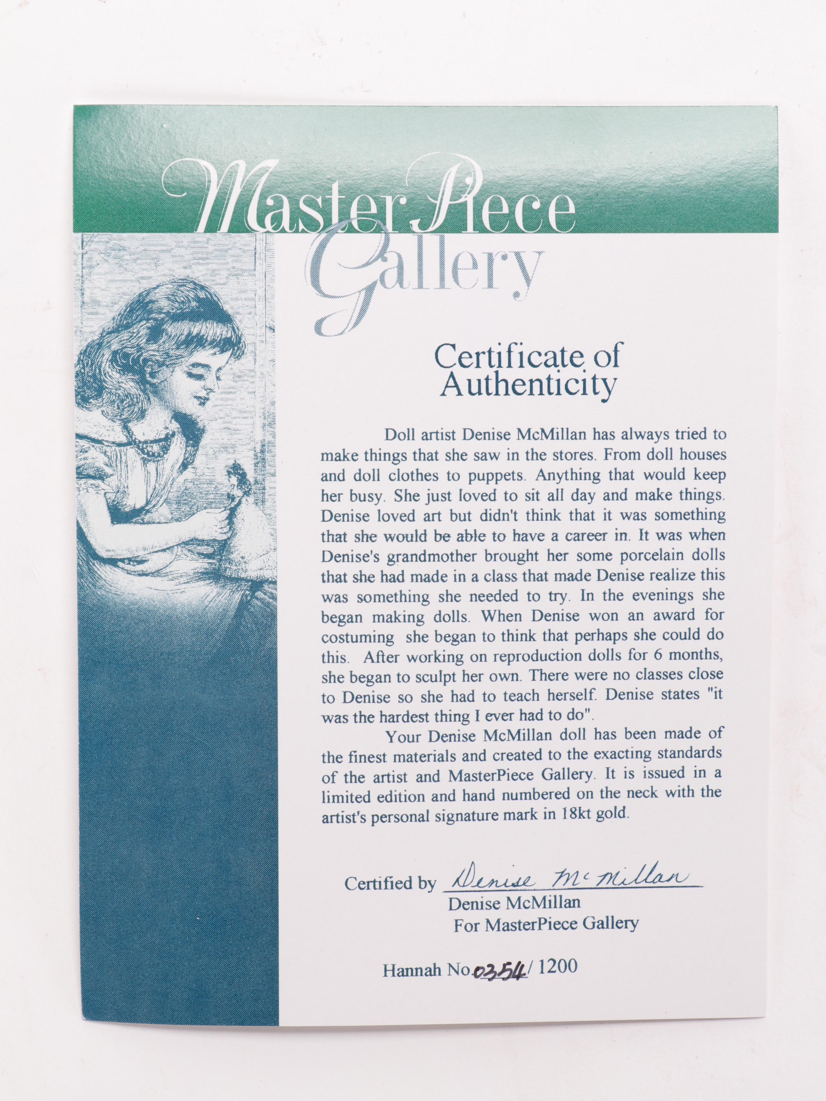 Limited Edition Master Piece Gallery "Hannah" Porcelain Doll by Denise McMillan