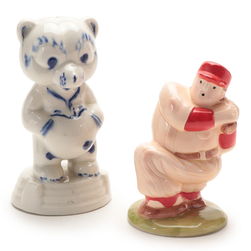 Artmark Baseball Player and Bear Coin Banks, Mid to Late 20th Century