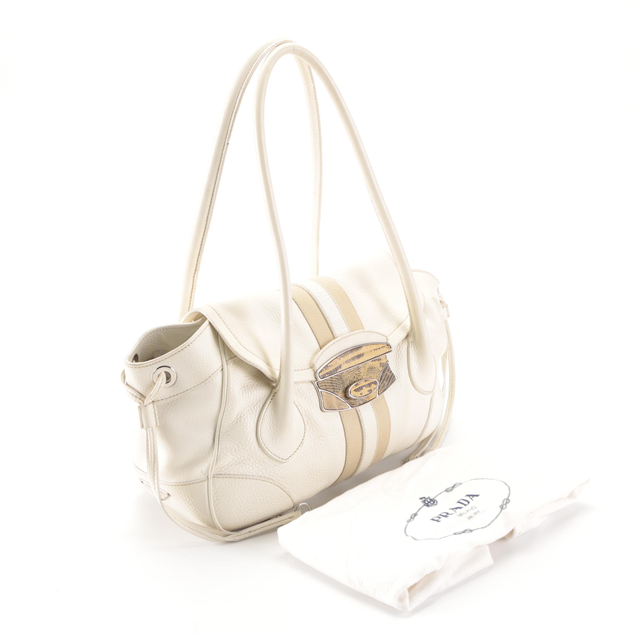 Prada Medium Bauletto Shoulder Bag in Ivory Deerskin with Lizard Detail