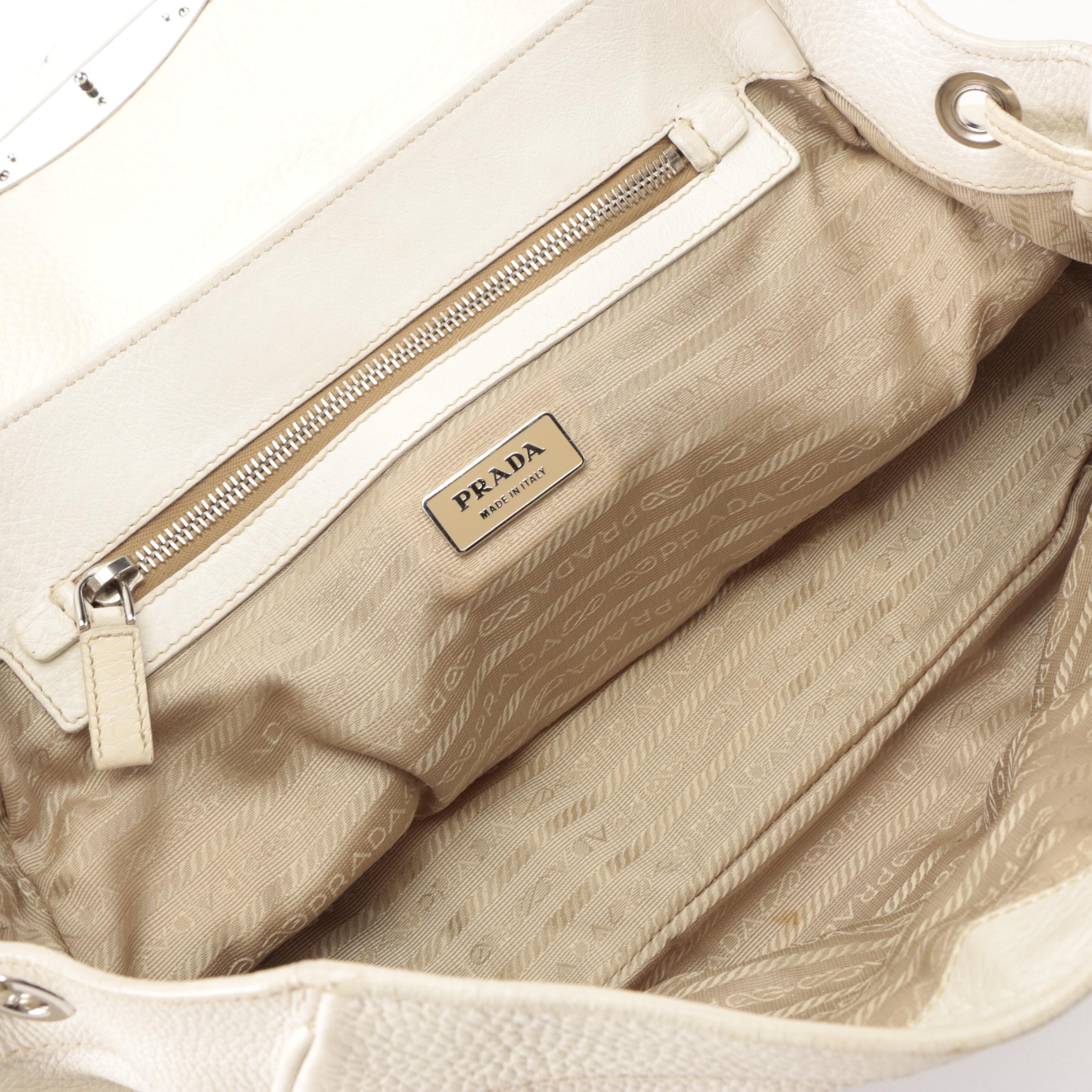 Prada Medium Bauletto Shoulder Bag in Ivory Deerskin with Lizard Detail
