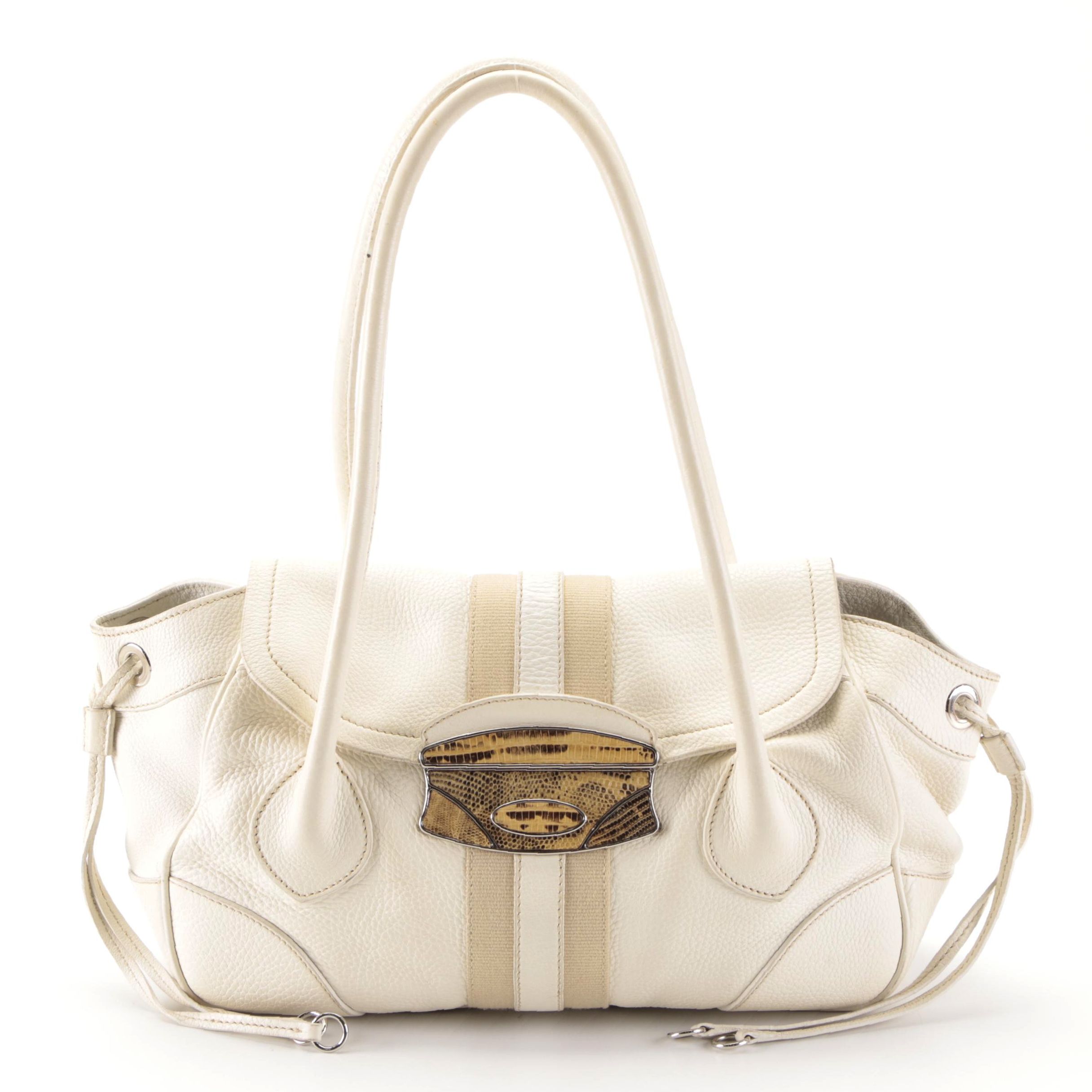Prada Medium Bauletto Shoulder Bag in Ivory Deerskin with Lizard Detail