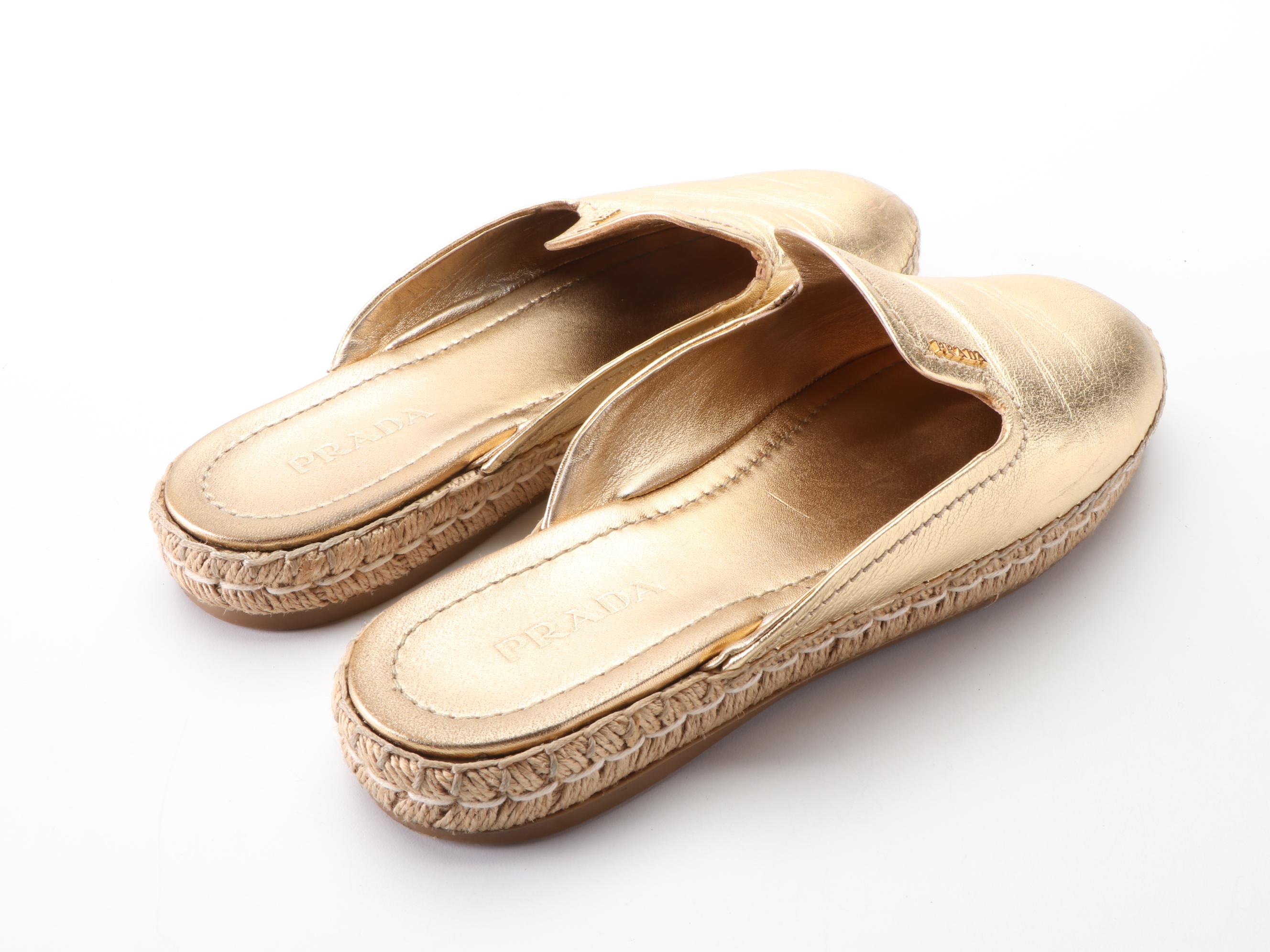 Prada Espadrille Flat Mules in Metallic Gold Lambskin with Box