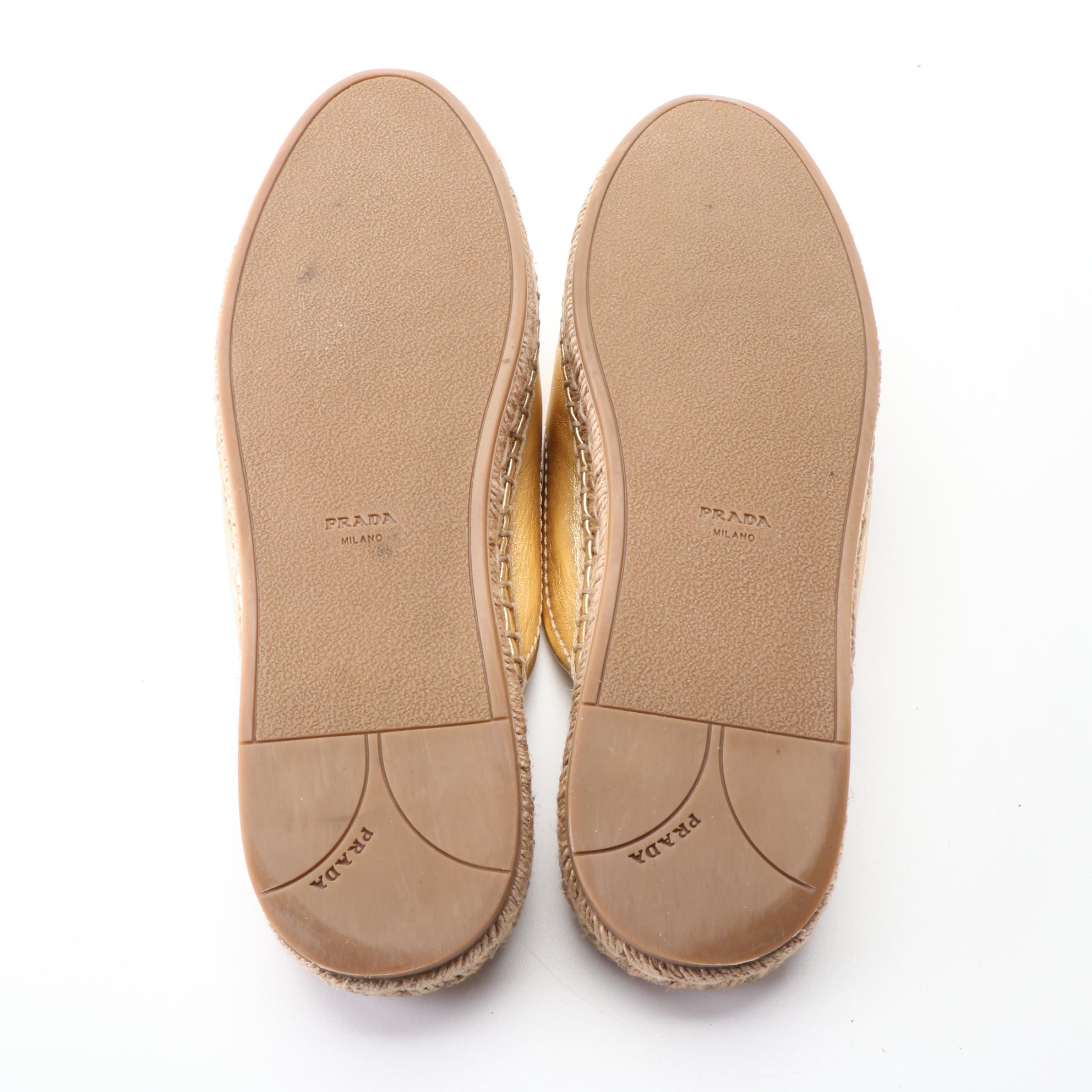 Prada Espadrille Flat Mules in Metallic Gold Lambskin with Box