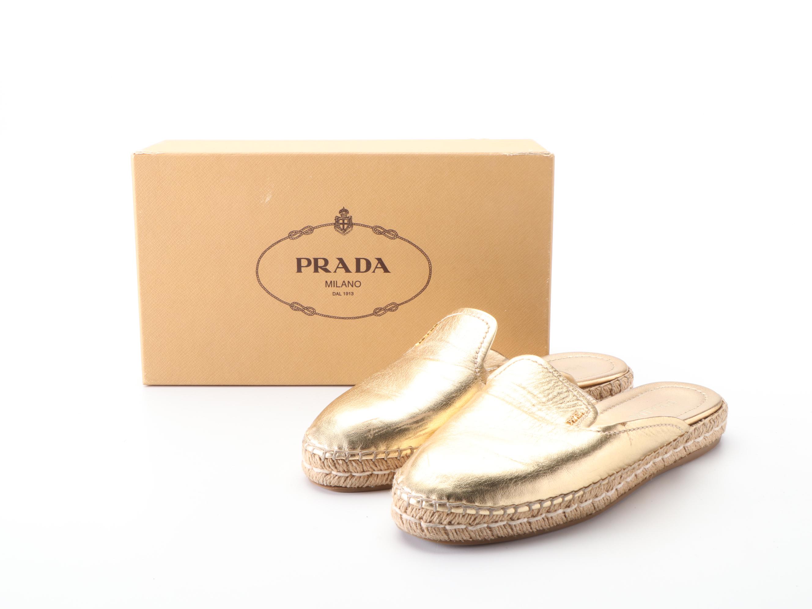 Prada Espadrille Flat Mules in Metallic Gold Lambskin with Box