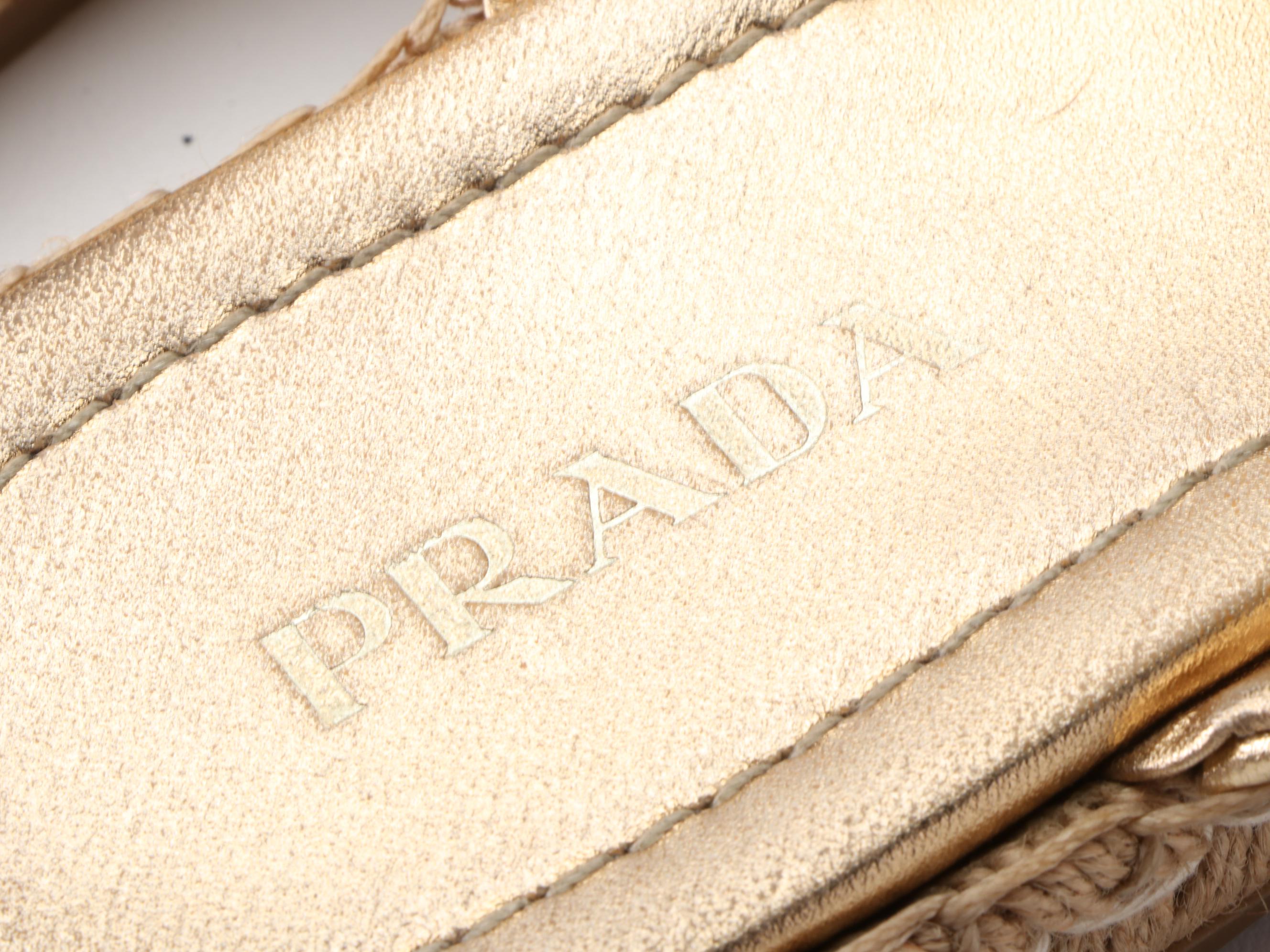 Prada Espadrille Flat Mules in Metallic Gold Lambskin with Box