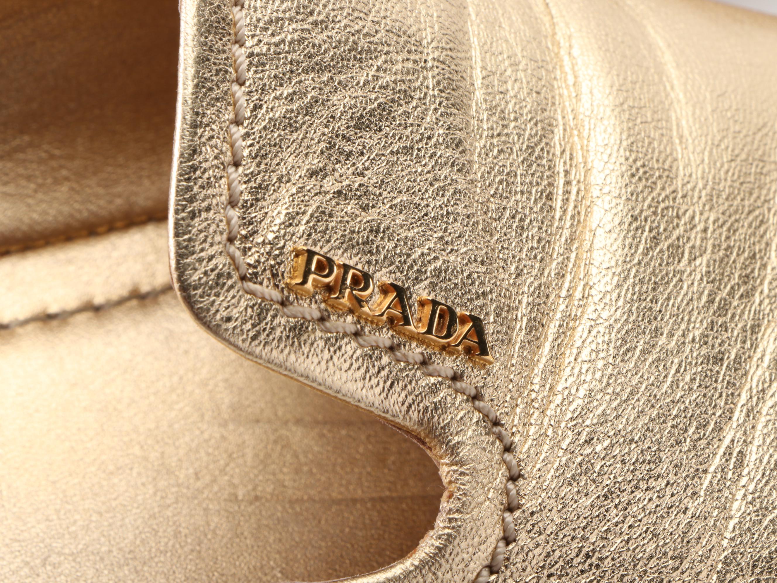 Prada Espadrille Flat Mules in Metallic Gold Lambskin with Box