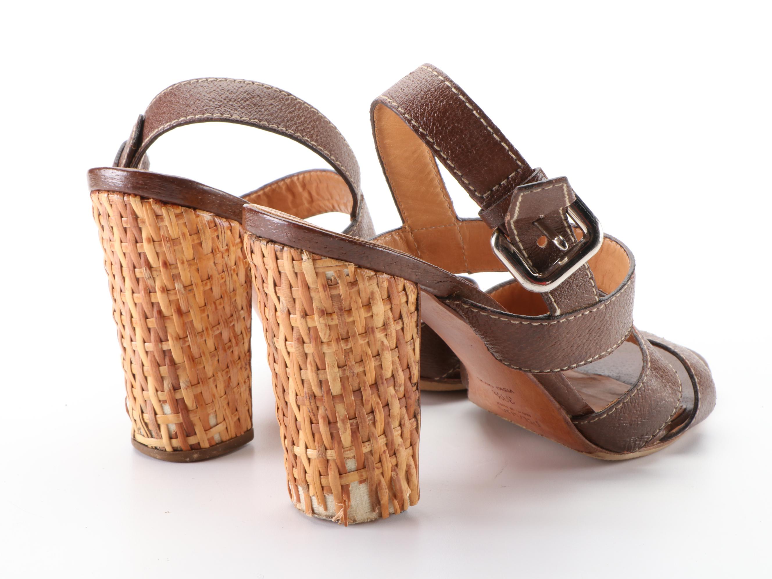 Prada Wicker Block Heel Ankle-Strap Sandals in Dark Brown Cinghiale Leather