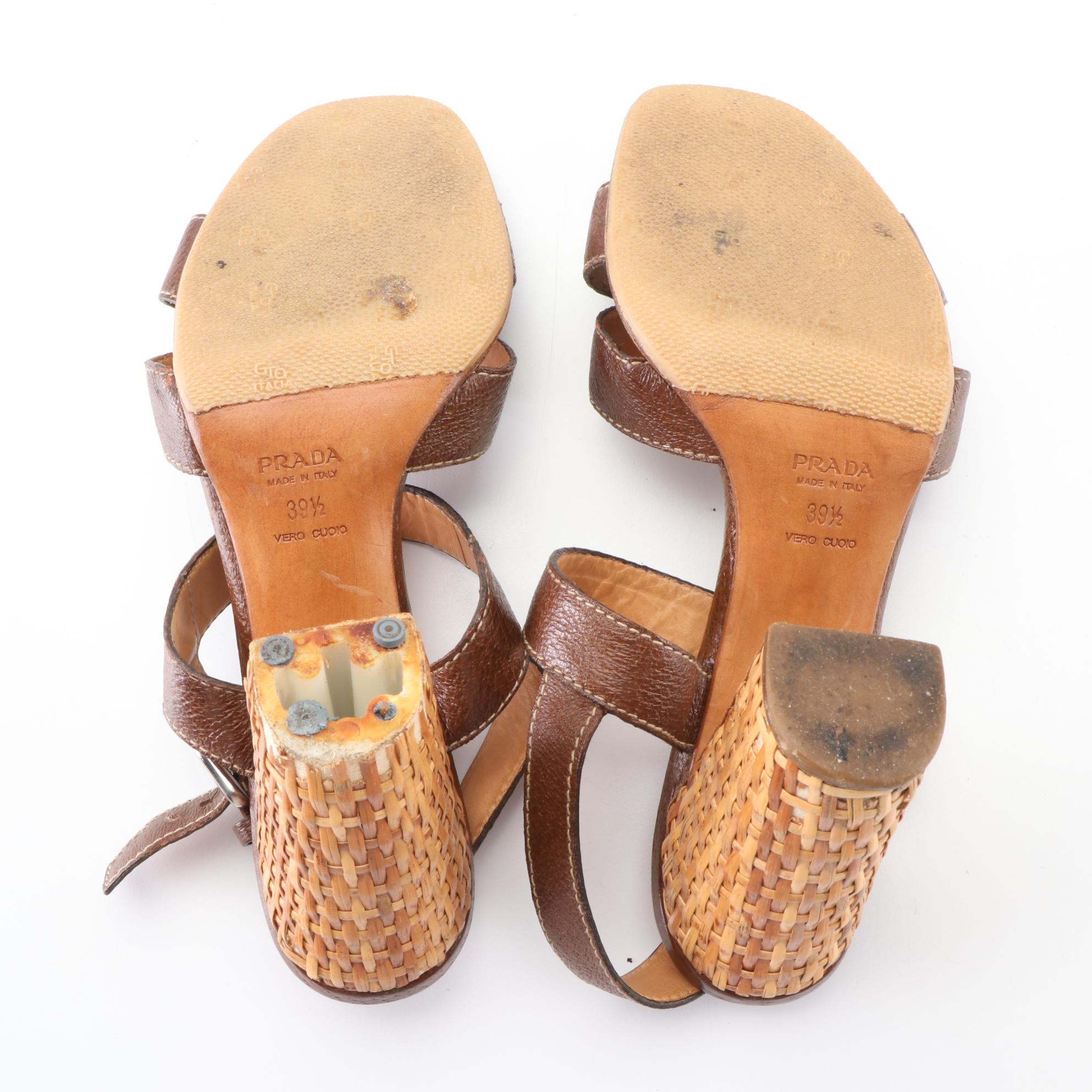 Prada Wicker Block Heel Ankle-Strap Sandals in Dark Brown Cinghiale Leather