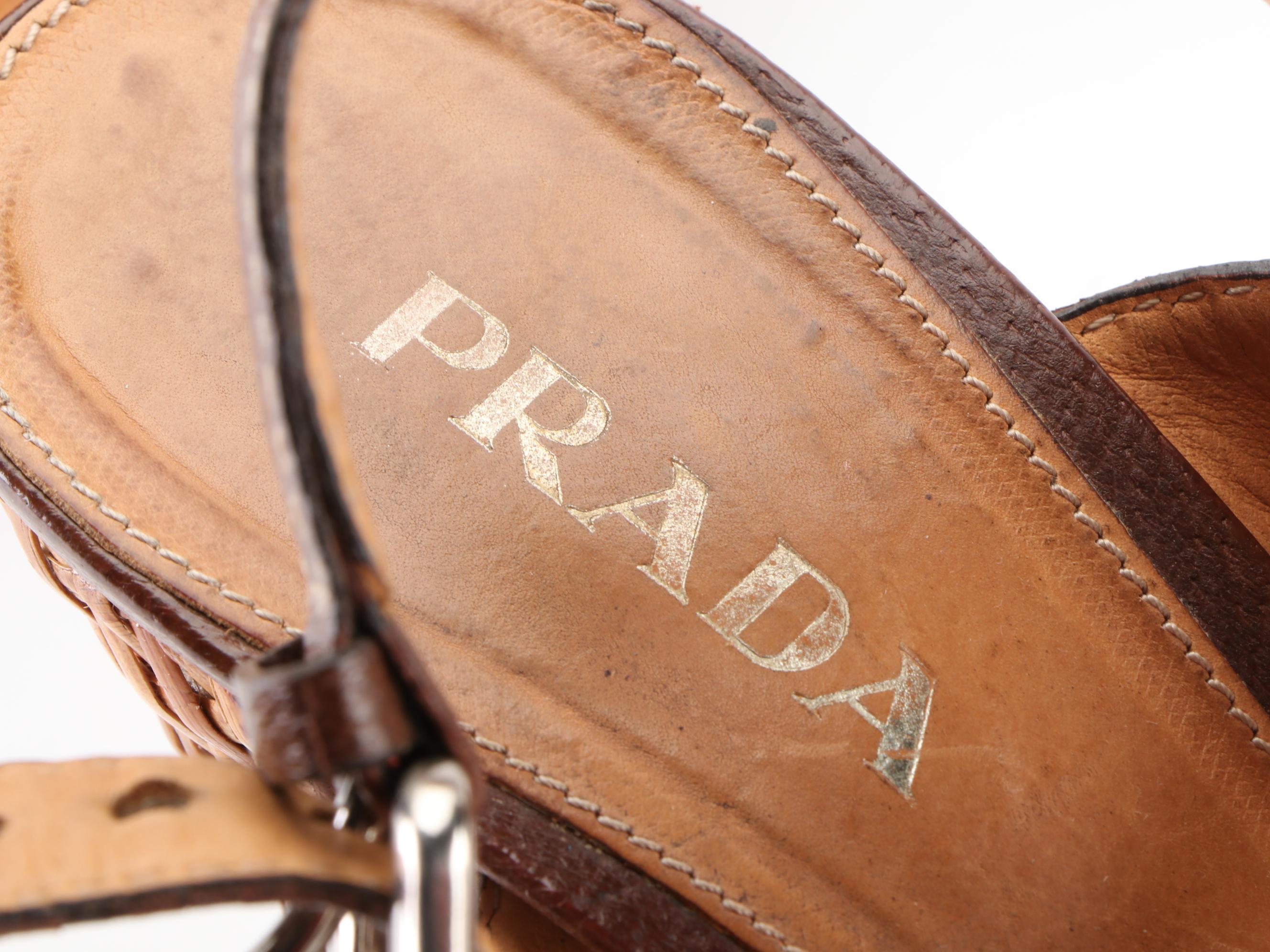 Prada Wicker Block Heel Ankle-Strap Sandals in Dark Brown Cinghiale Leather