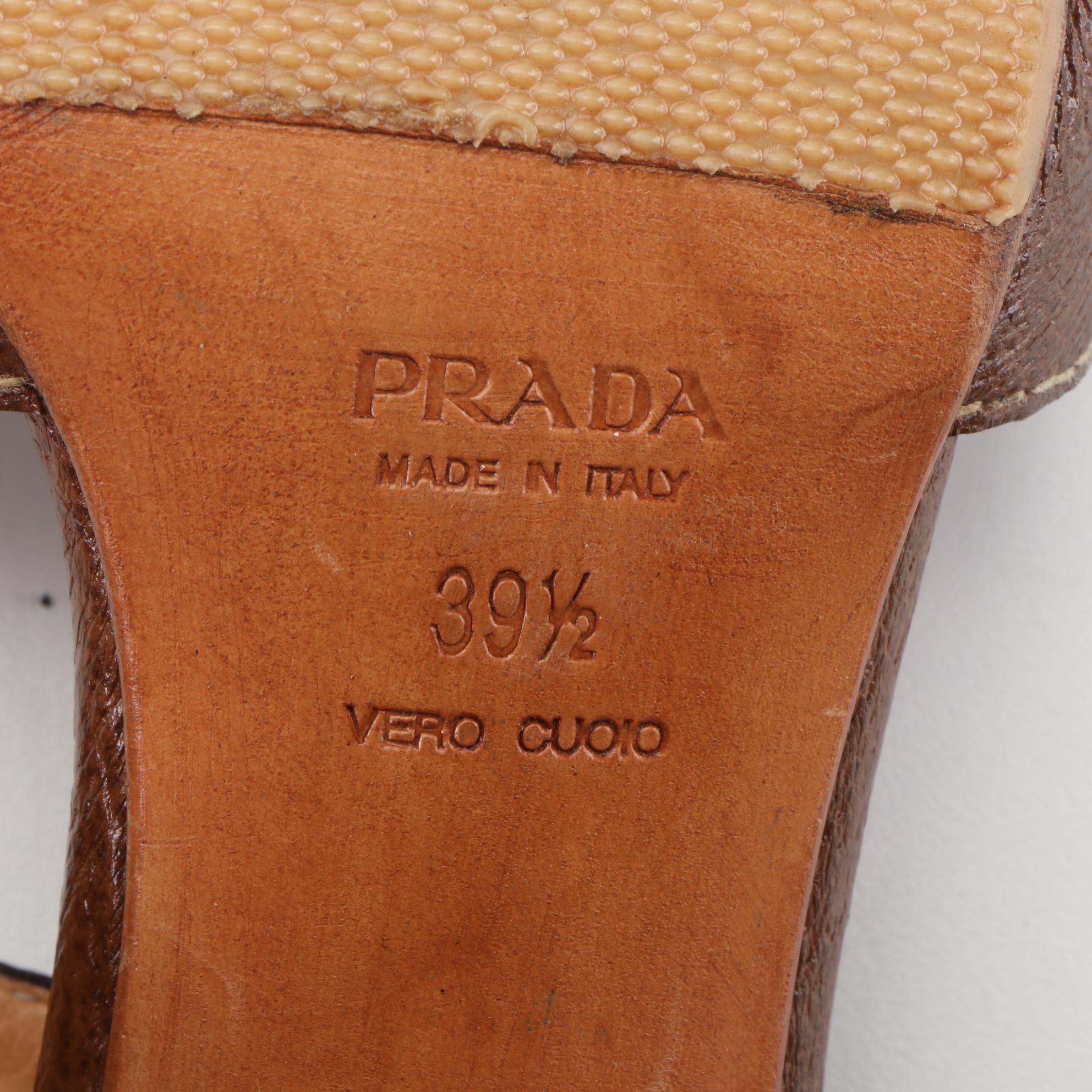 Prada Wicker Block Heel Ankle-Strap Sandals in Dark Brown Cinghiale Leather
