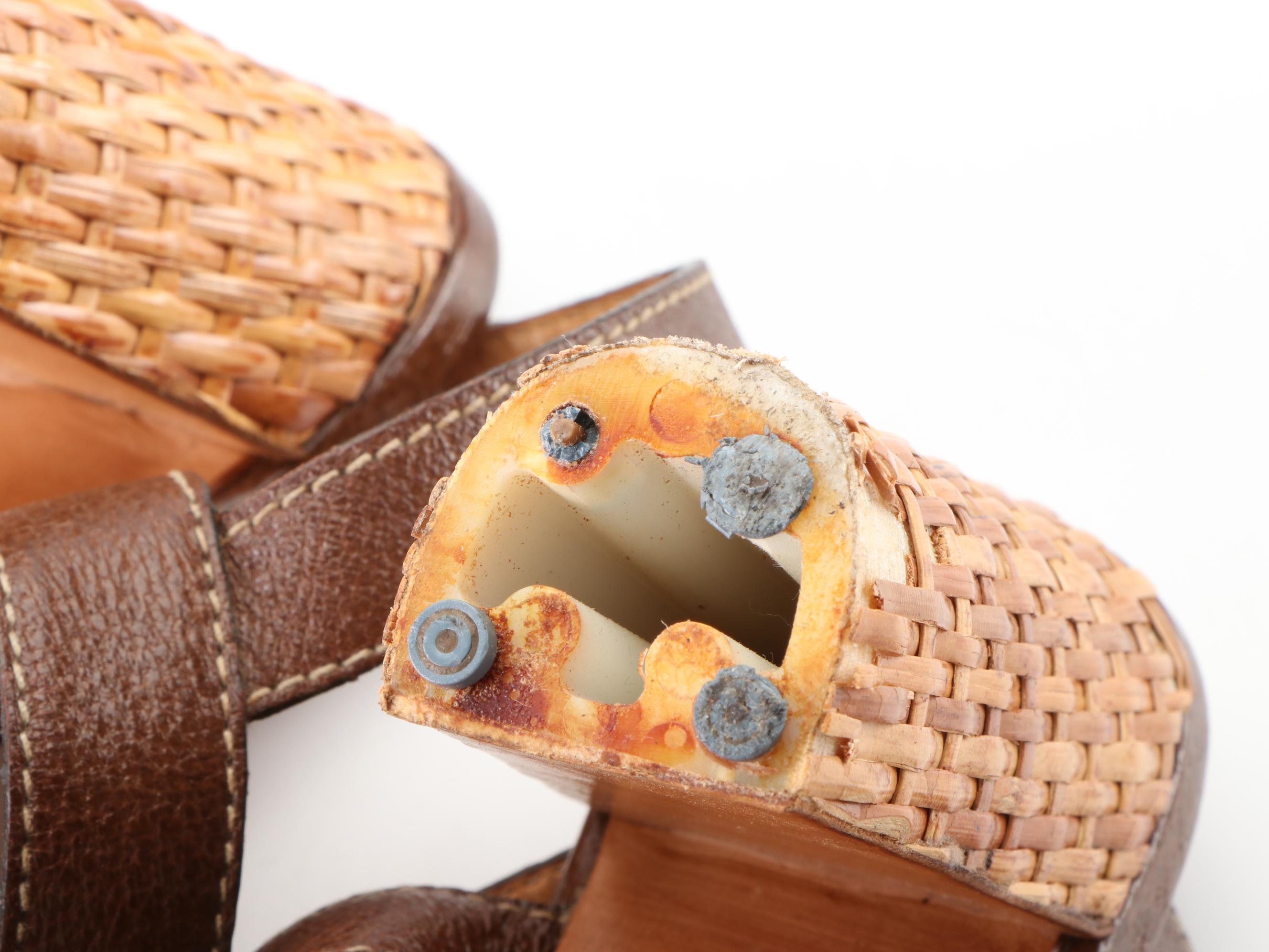 Prada Wicker Block Heel Ankle-Strap Sandals in Dark Brown Cinghiale Leather