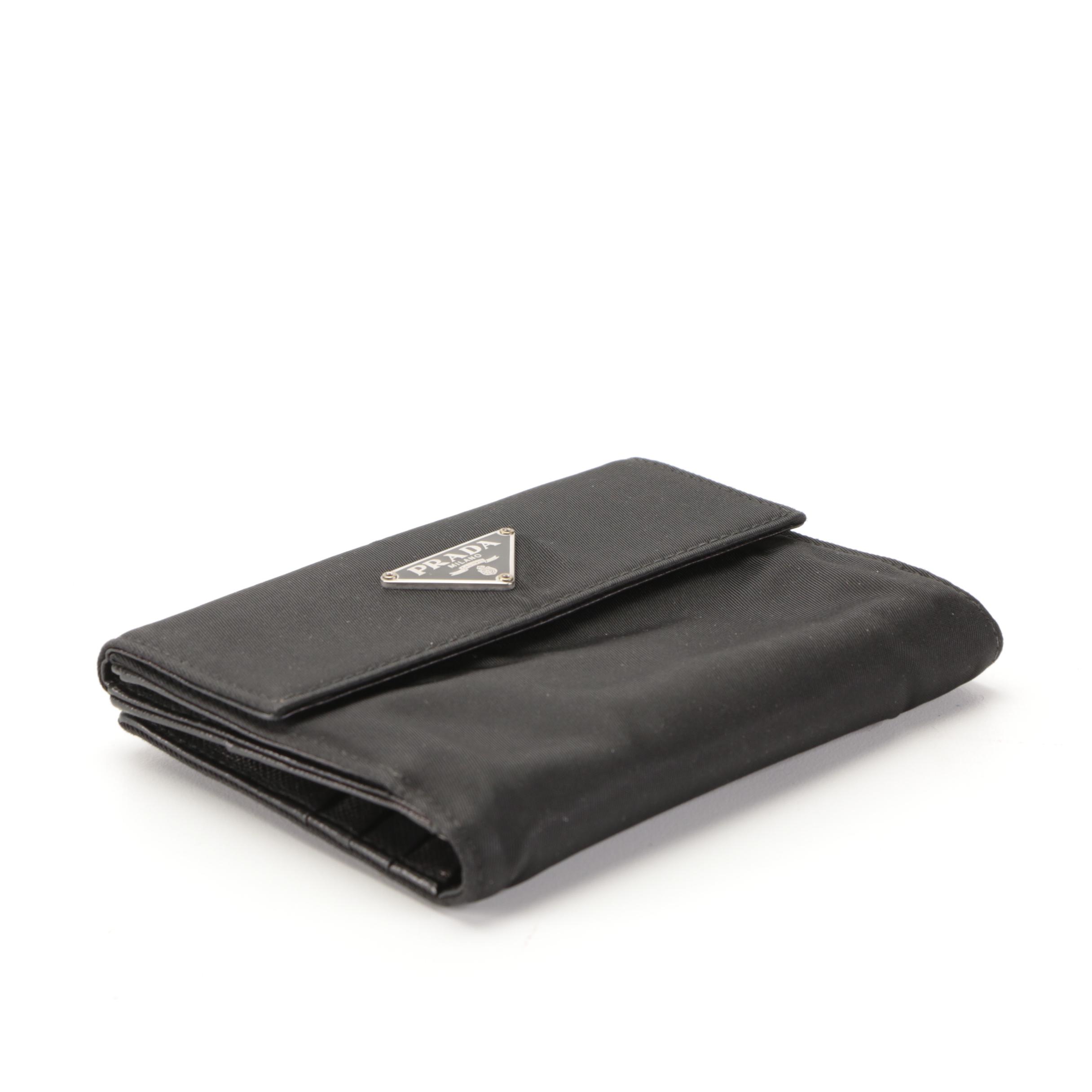 Prada Compact Trifold Wallet in Black Nylon Gabardine and Saffiano Leather