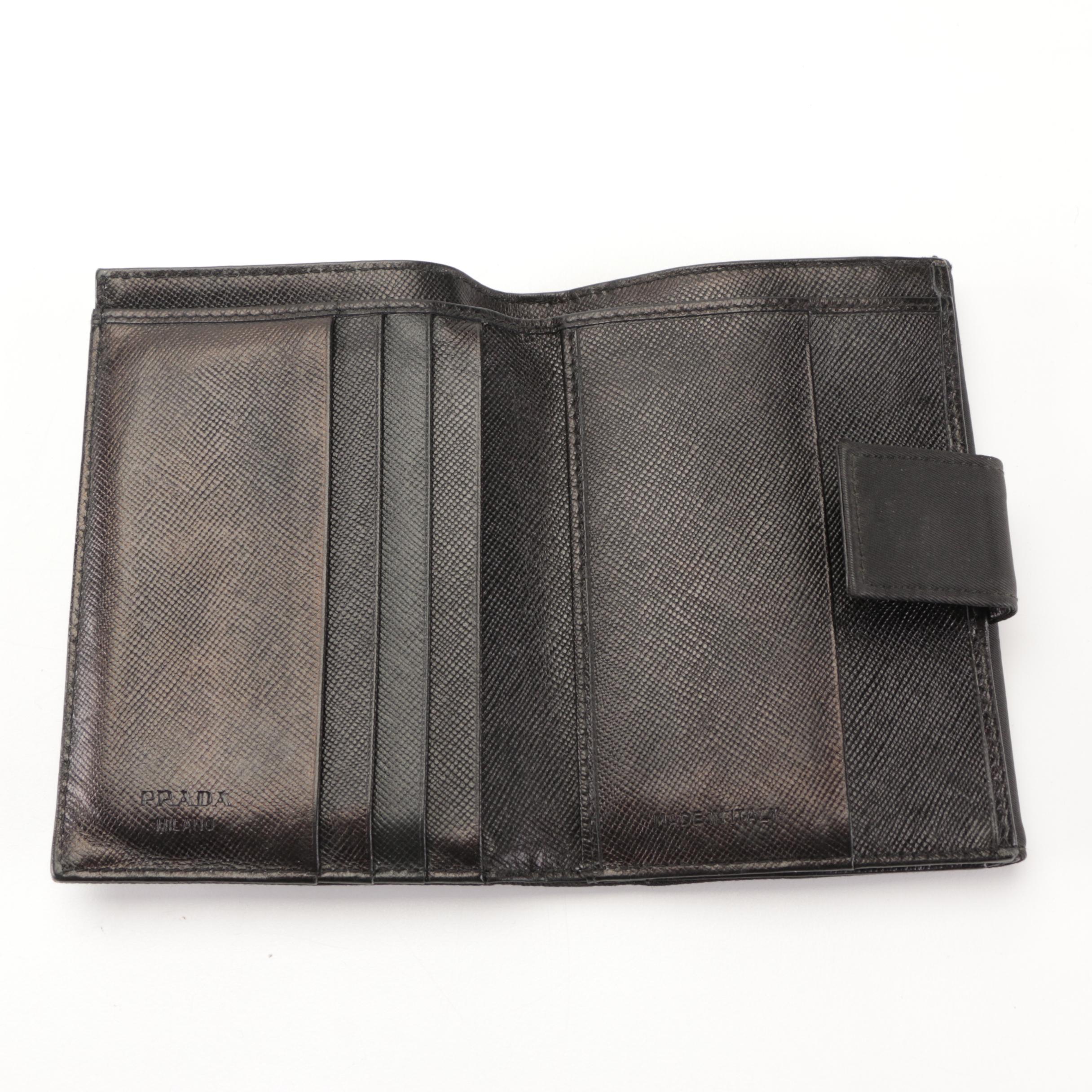 Prada Compact Trifold Wallet in Black Nylon Gabardine and Saffiano Leather