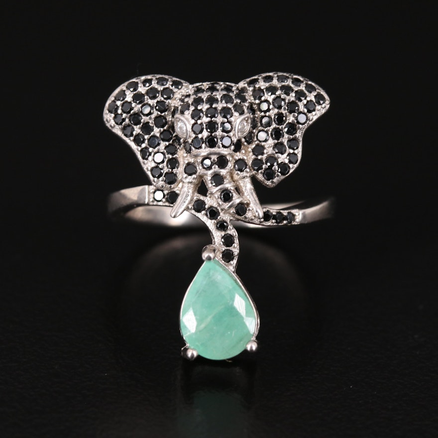 Sterling Elephant Ring with Emerald and Cubic Zirconia