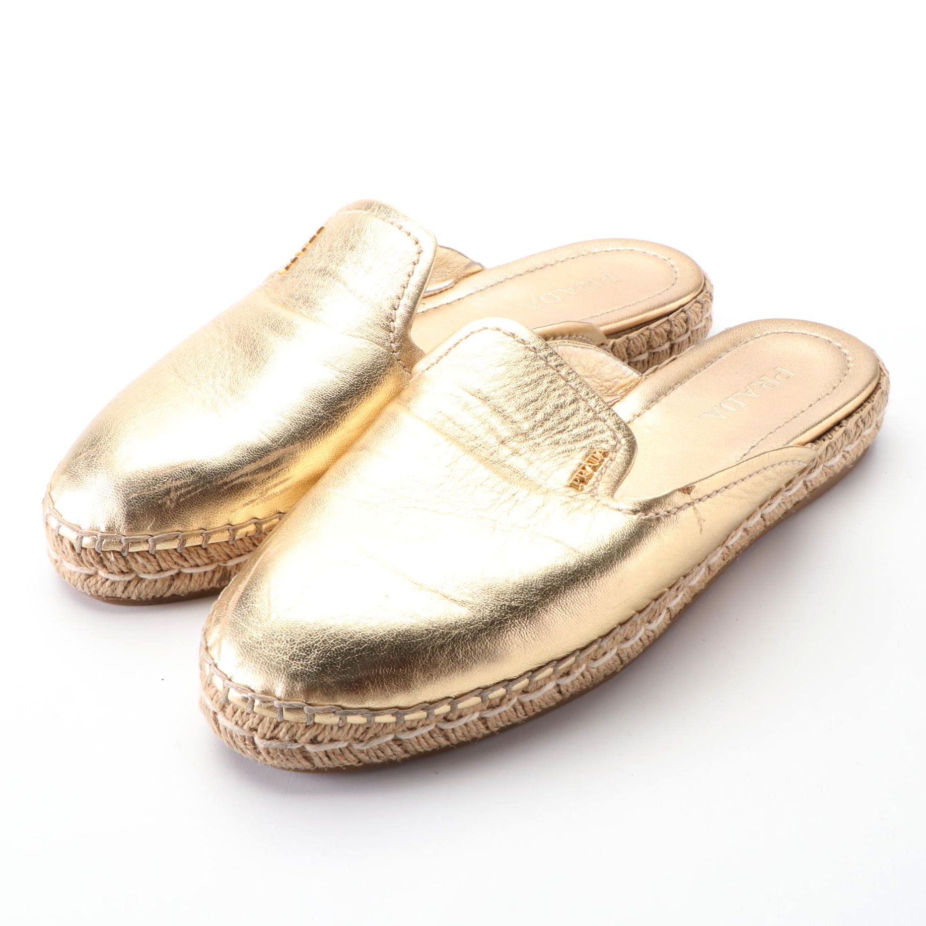 Prada Espadrille Flat Mules in Metallic Gold Lambskin with Box