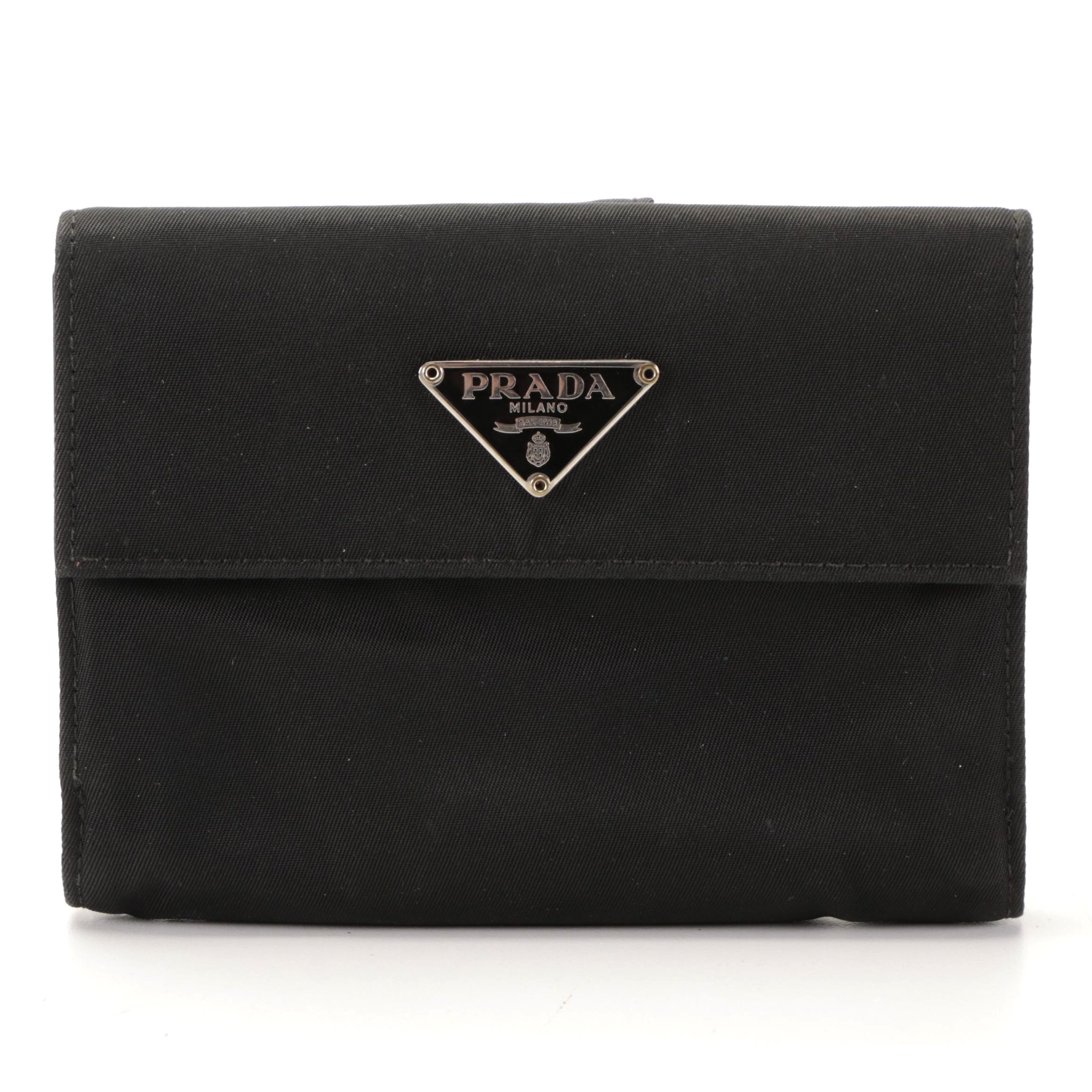 Prada Compact Trifold Wallet in Black Nylon Gabardine and Saffiano Leather