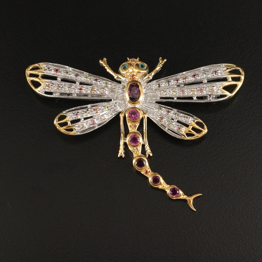 Sterling Garnet, Sapphire and Apatite Dragonfly Brooch