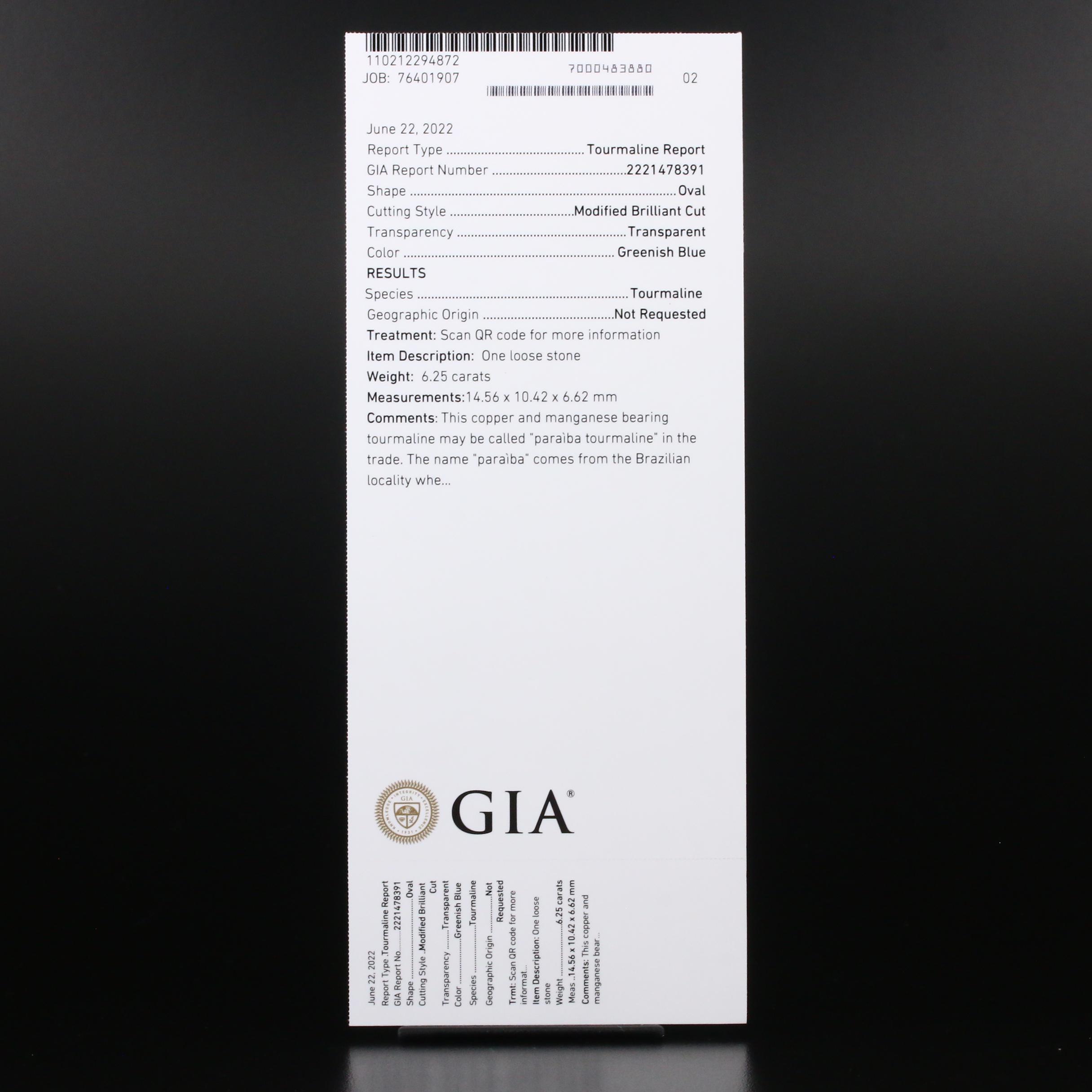 Russian 14K 6.25 CT Paraiba Tourmaline and Diamond Ring with GIA Report