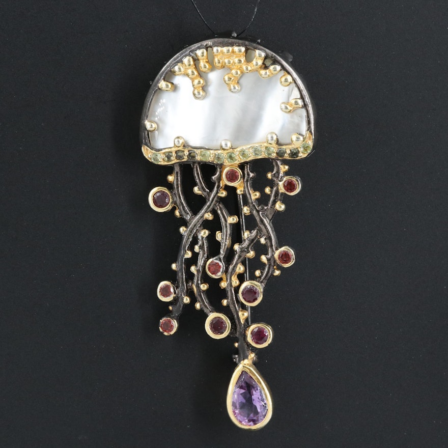 Sterling Mother-of-Pearl, Amethyst and Garnet Jellyfish Converter Brooch