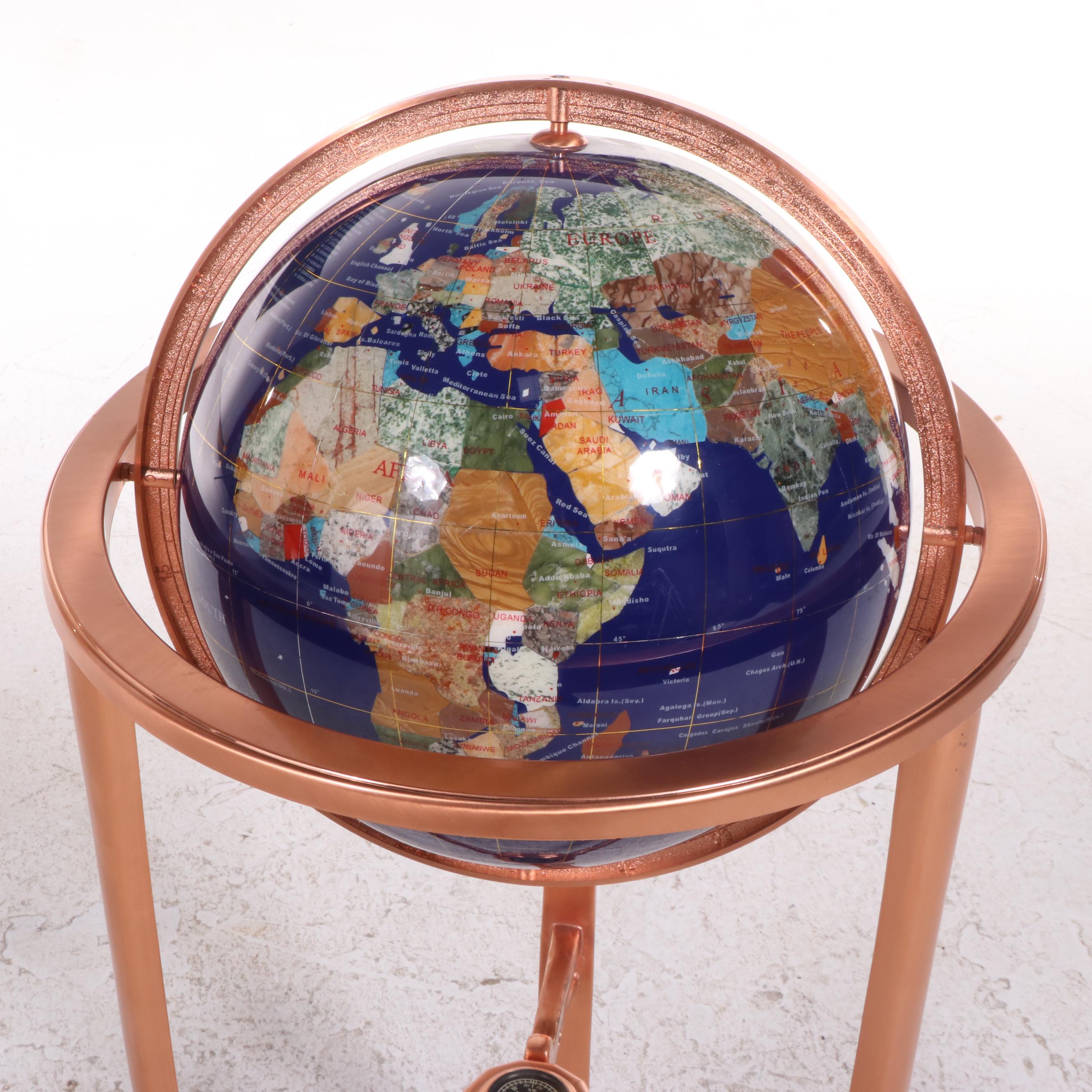 Semi-Precious Gemstone World Globe-on-Stand