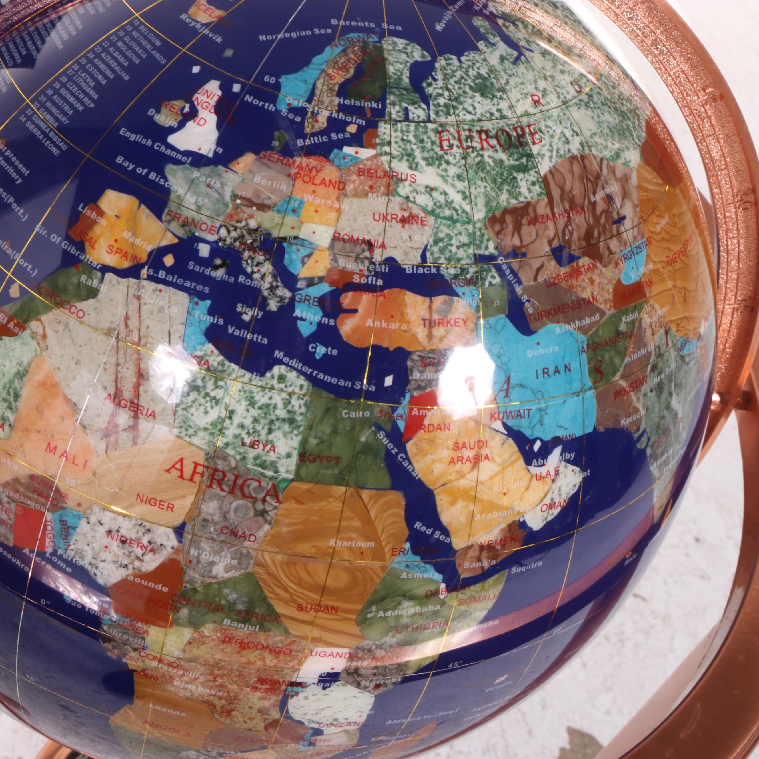 Semi-Precious Gemstone World Globe-on-Stand