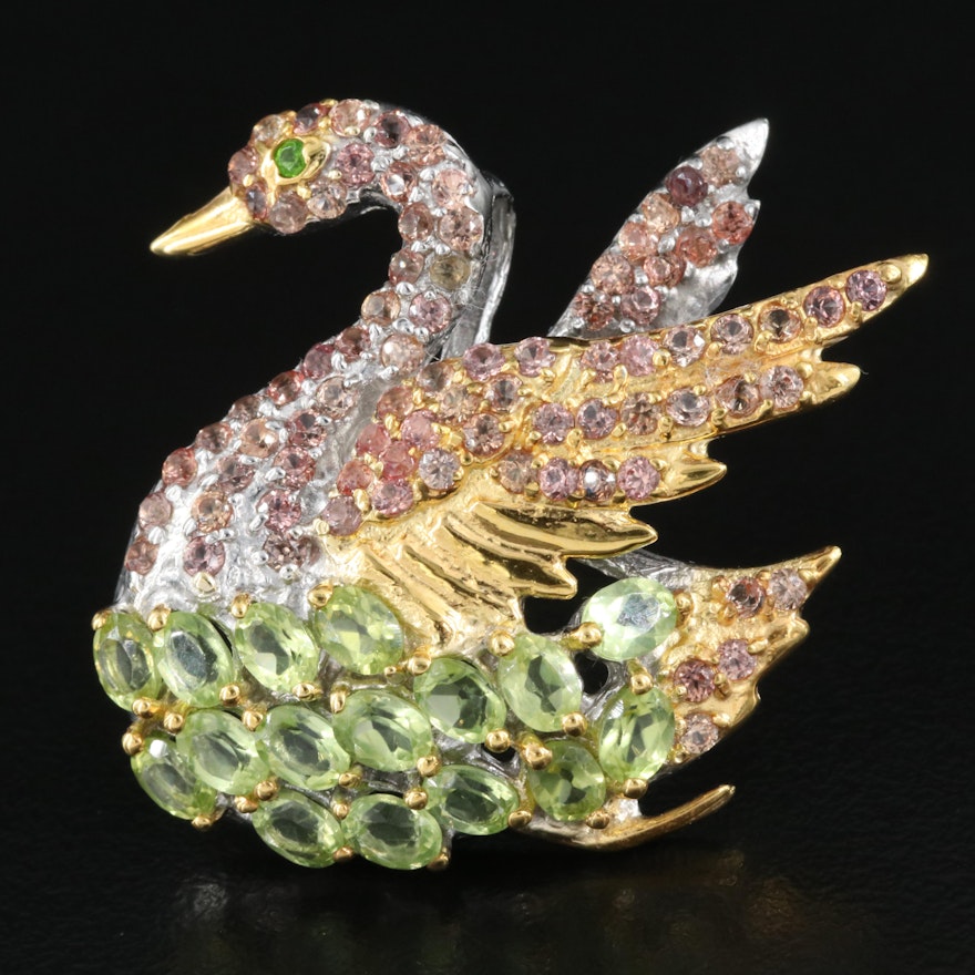 Sterling Peridot, Sapphire and Diopside Swan Brooch