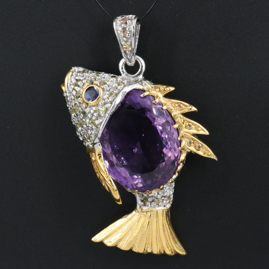 Sterling Amethyst and Sapphire Fish Pendant