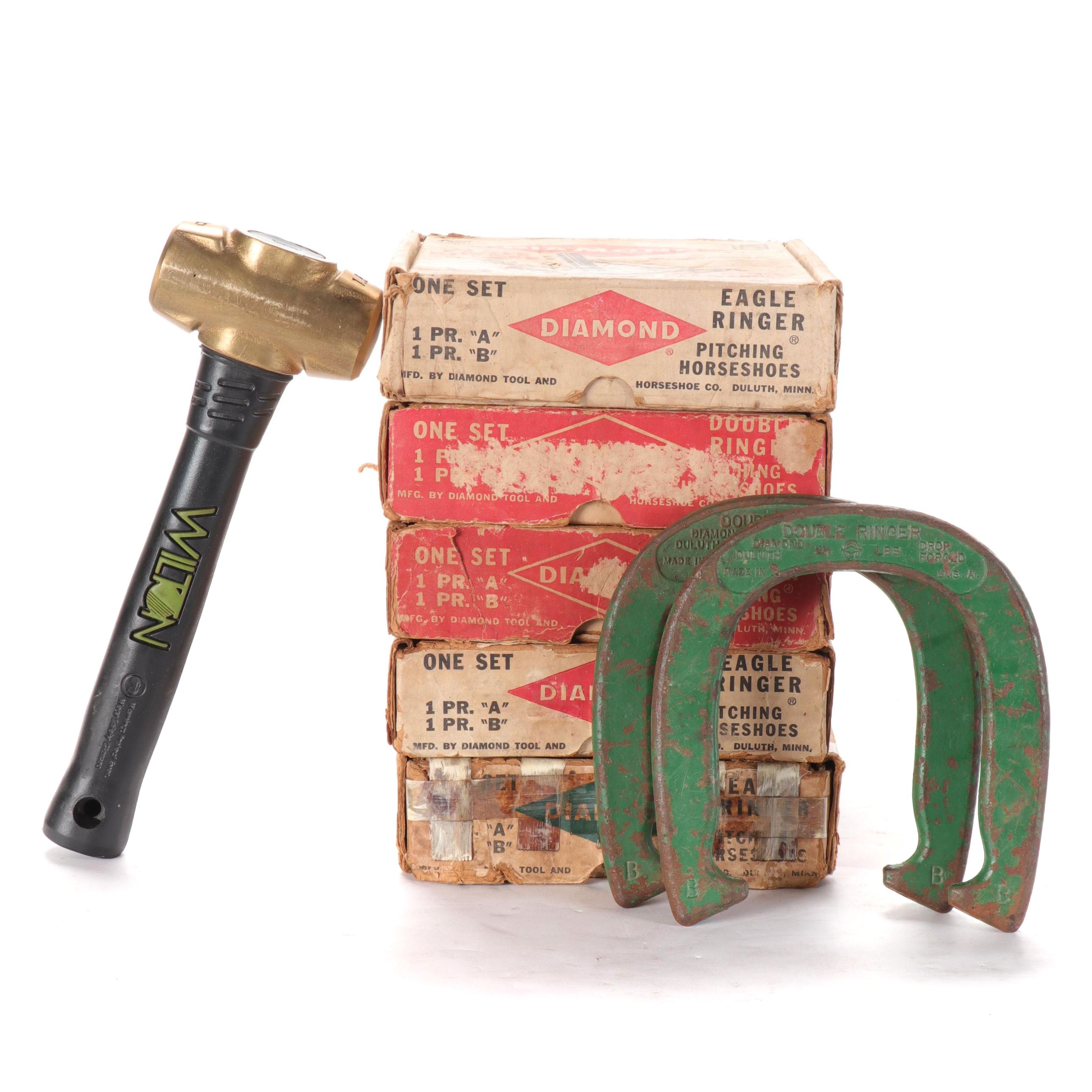 Diamond Tool and Horsehoe Co. Cast Iron Pitching Horseshoes with Mallet