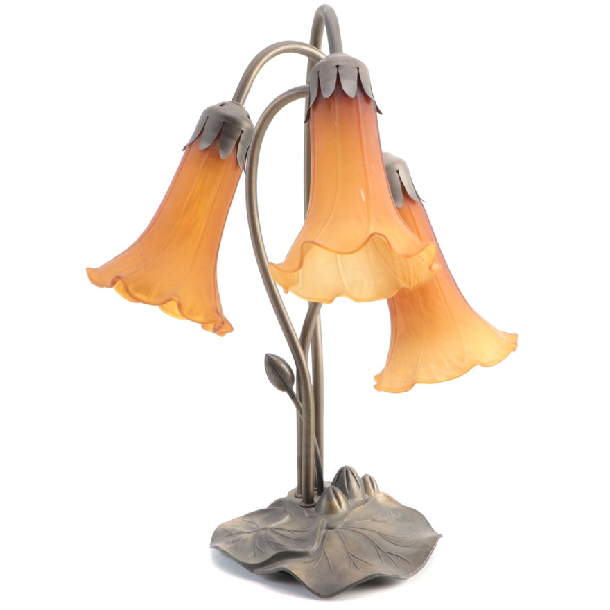 Art Nouveau Tiffany Studios Style Bronze Finished Metal 3-Light Lily Lamp