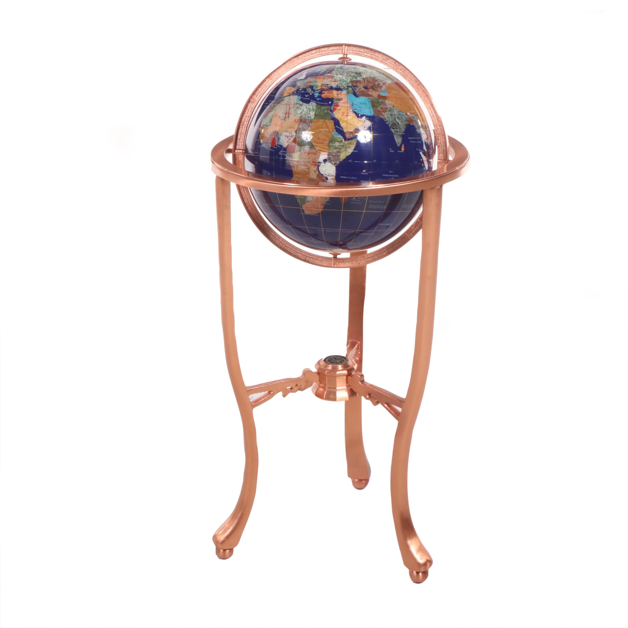 Semi-Precious Gemstone World Globe-on-Stand
