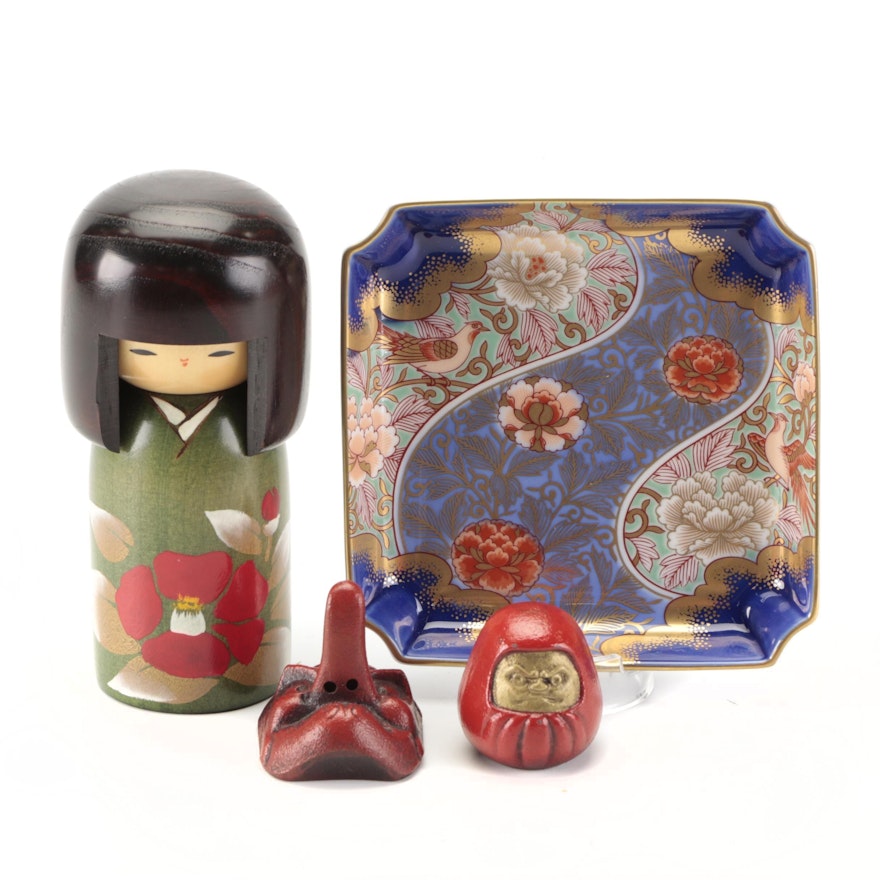 Fukagawa Seiji Porcelain Dish with Cast Iron Figurines and Kokeshi Doll