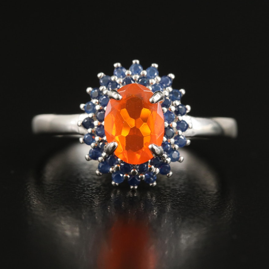 Sterling Fire Opal and Sapphire Double Halo Ring