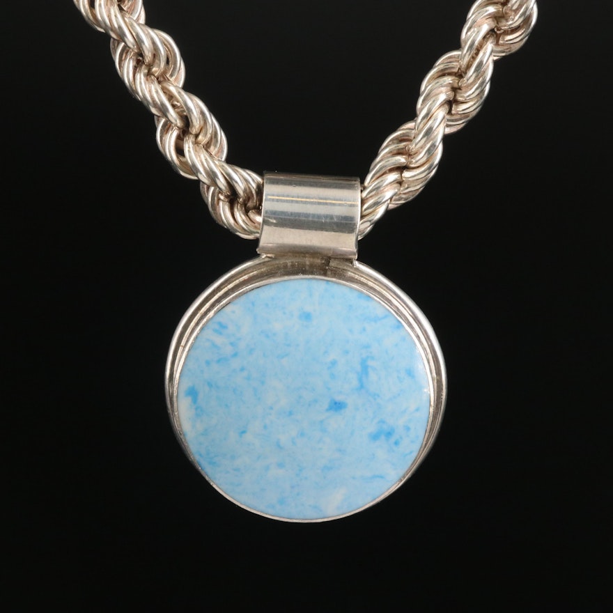 Sterling Stone Pendant on Rope Chain Necklace