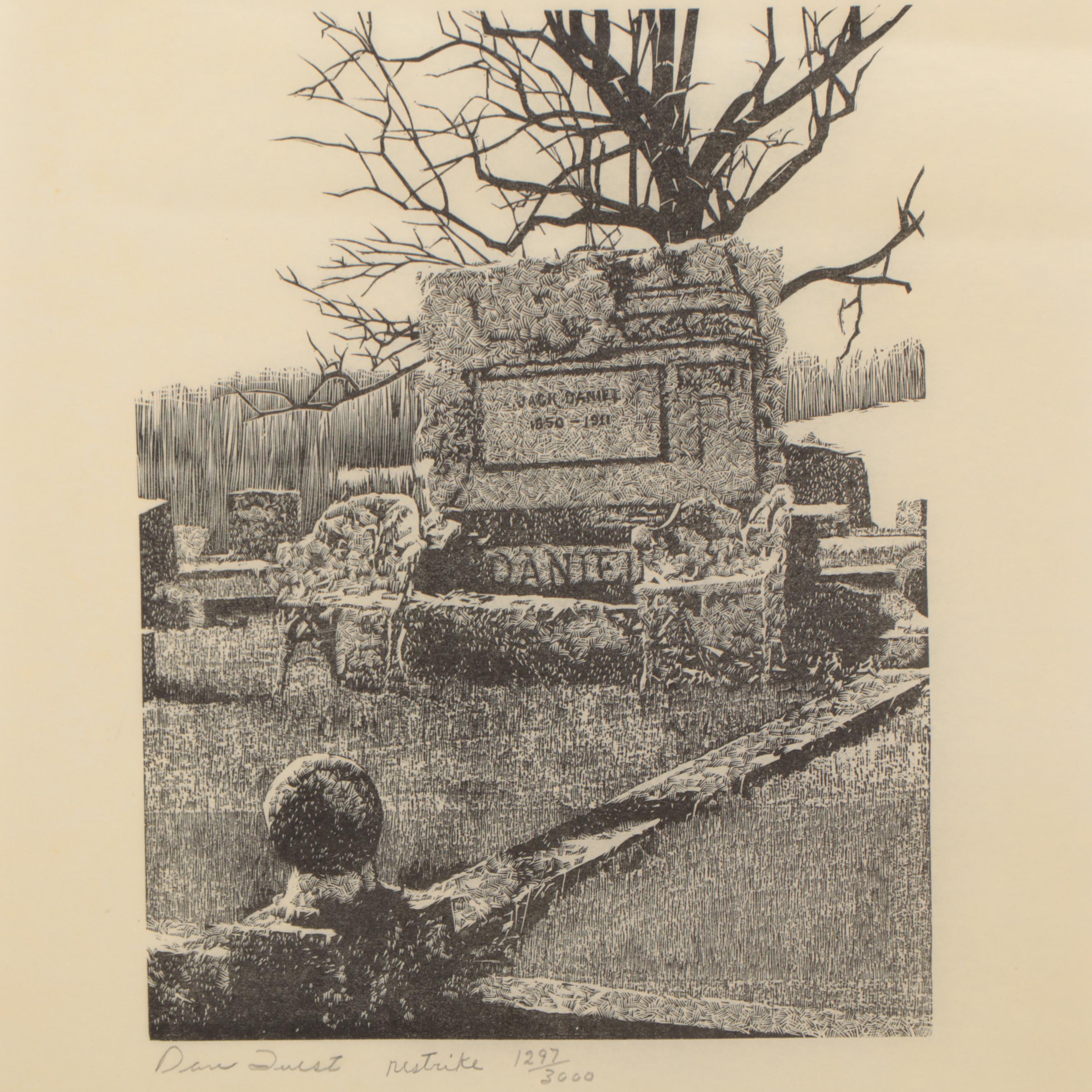 Dan Quest Woodcut of Jack Daniel's Tombstone
