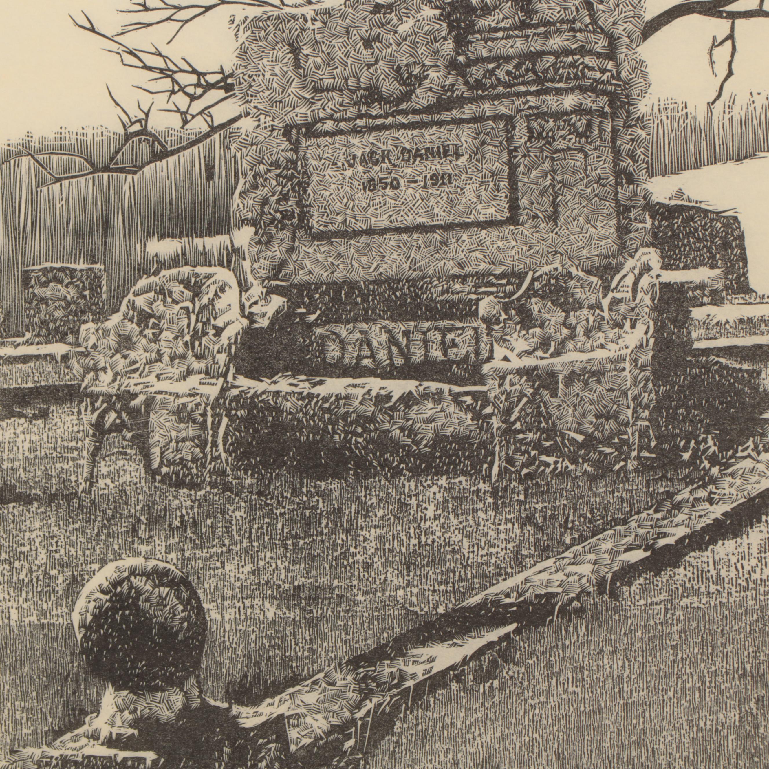 Dan Quest Woodcut of Jack Daniel's Tombstone