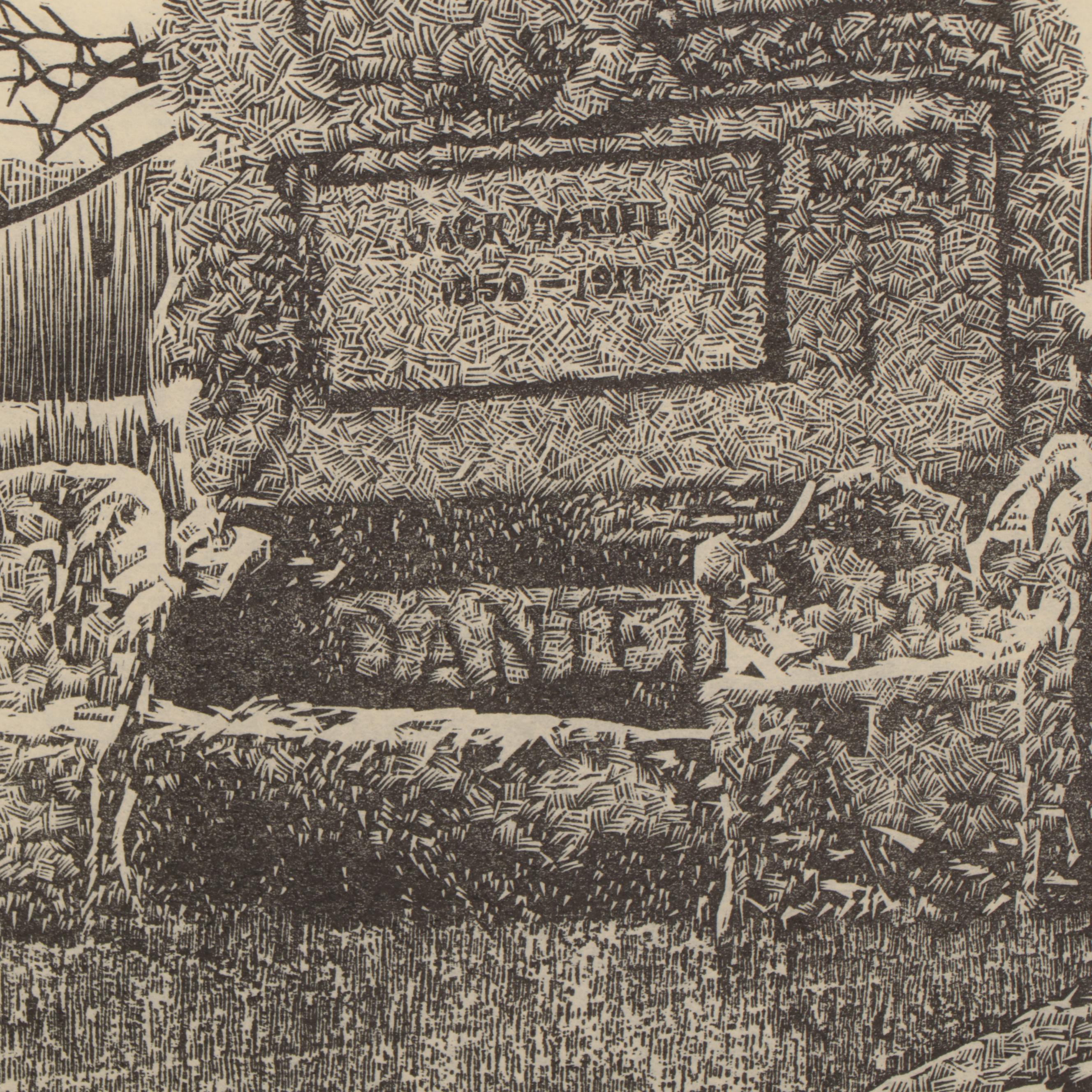 Dan Quest Woodcut of Jack Daniel's Tombstone